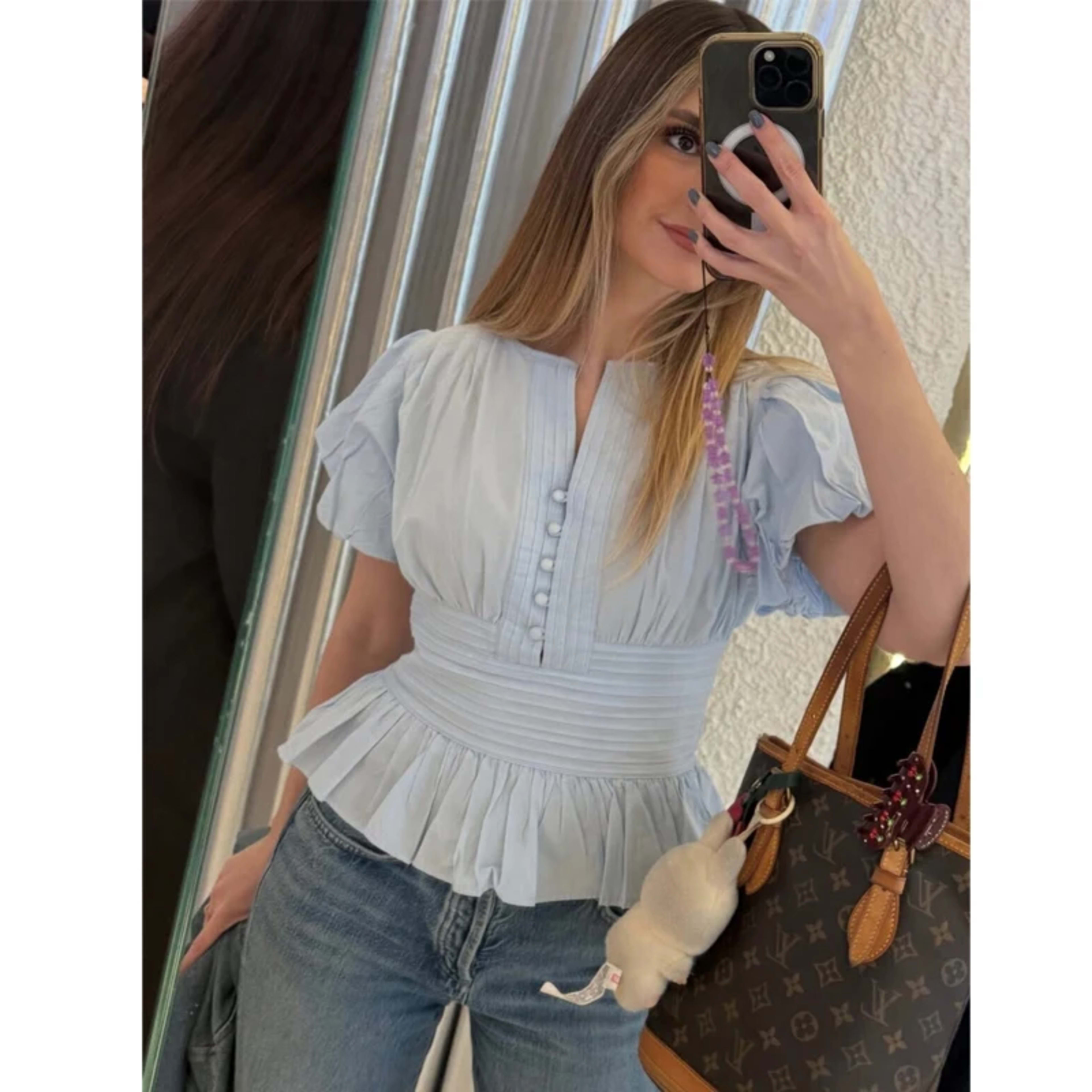 MUJER Blue Ruffle Blouses for Women Puff Sleeve Woman Blouses and Tops Summer Casual Crop Top Woman Fashion Woman Blouse 6