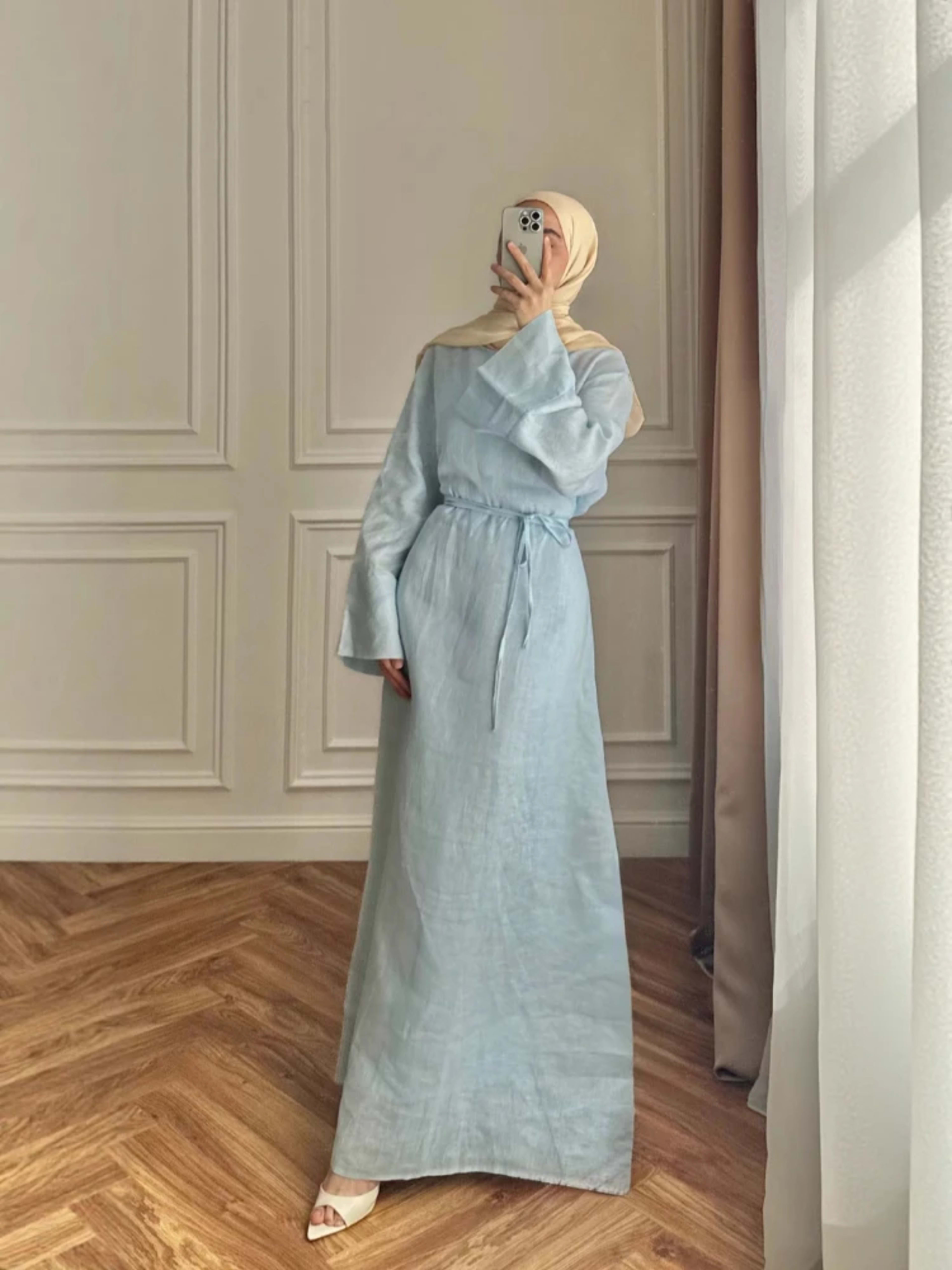Women' Dresses Elegant O-Neck Cotton Lined Back Lace Up Flare Sleeve Waist Cinching Long Robes Female Summer Lady Dress