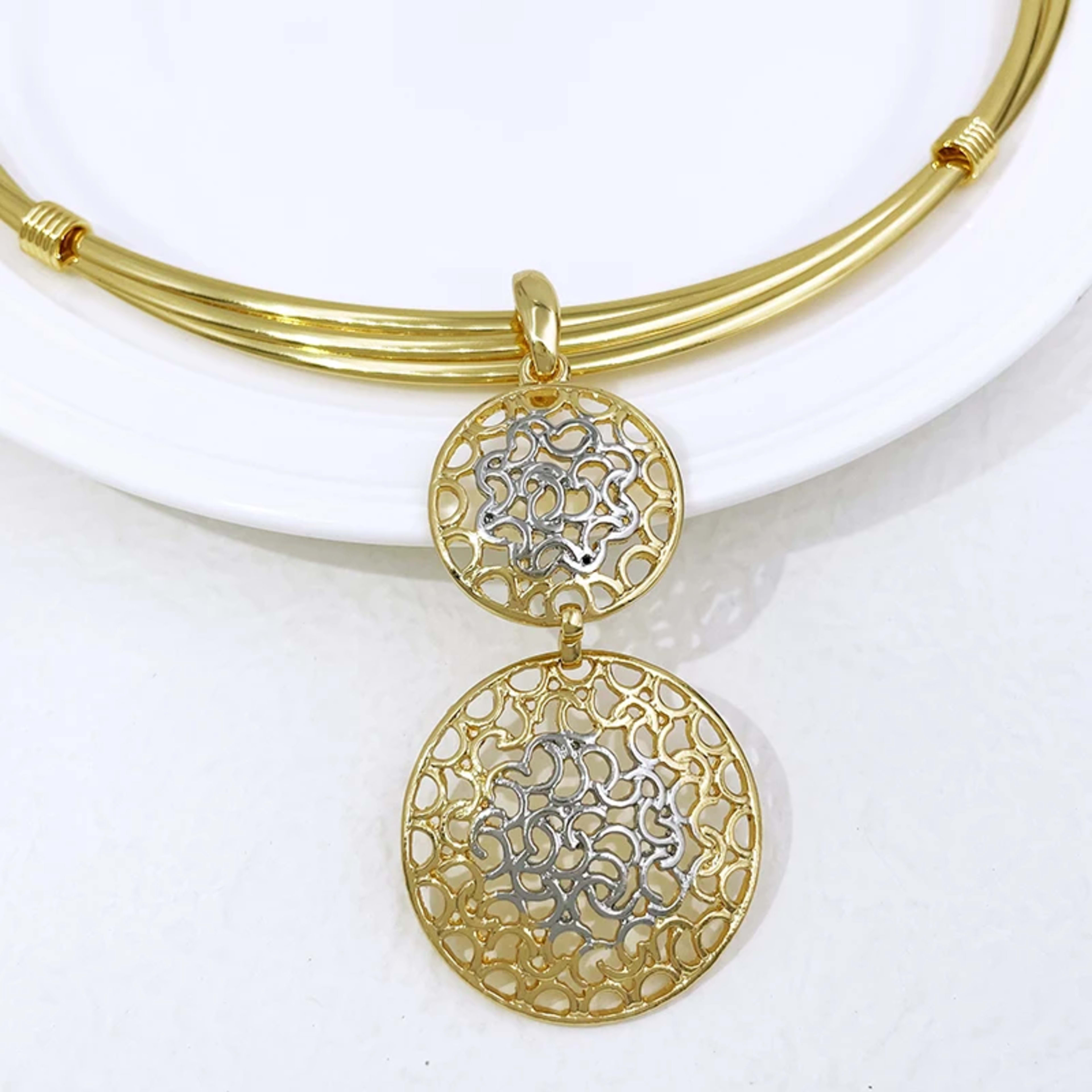 Women  Jewelry Set Two Tone Design Luxury Nigeria Trending Choker Pendant Earrings Ring Bracelet Wedding Party Gift 3