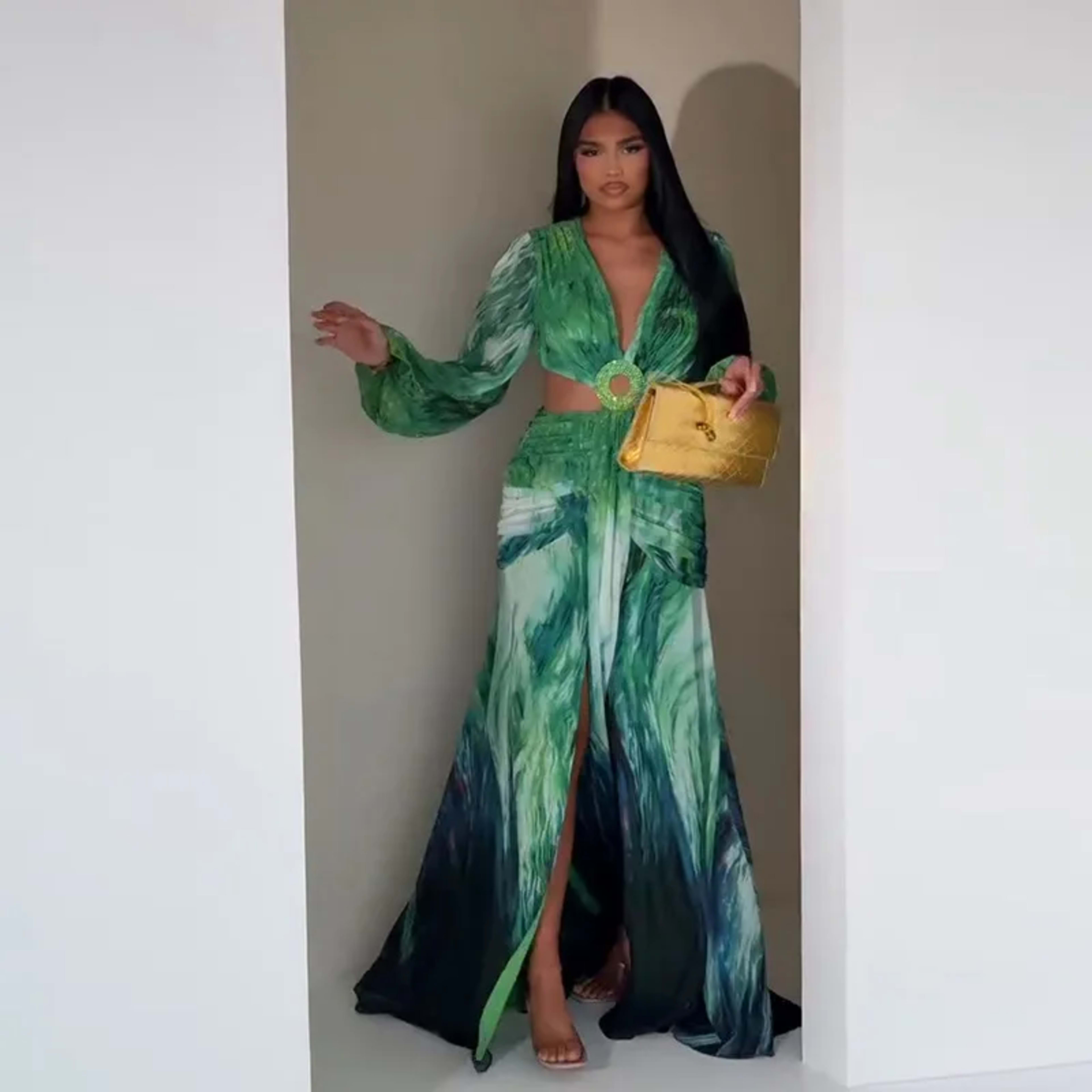 Women's Dress 2025 Fashion Summer New Vestidos Para Mujer Women's Vacation Elegant Style Long Sleeve Split Printed Slit