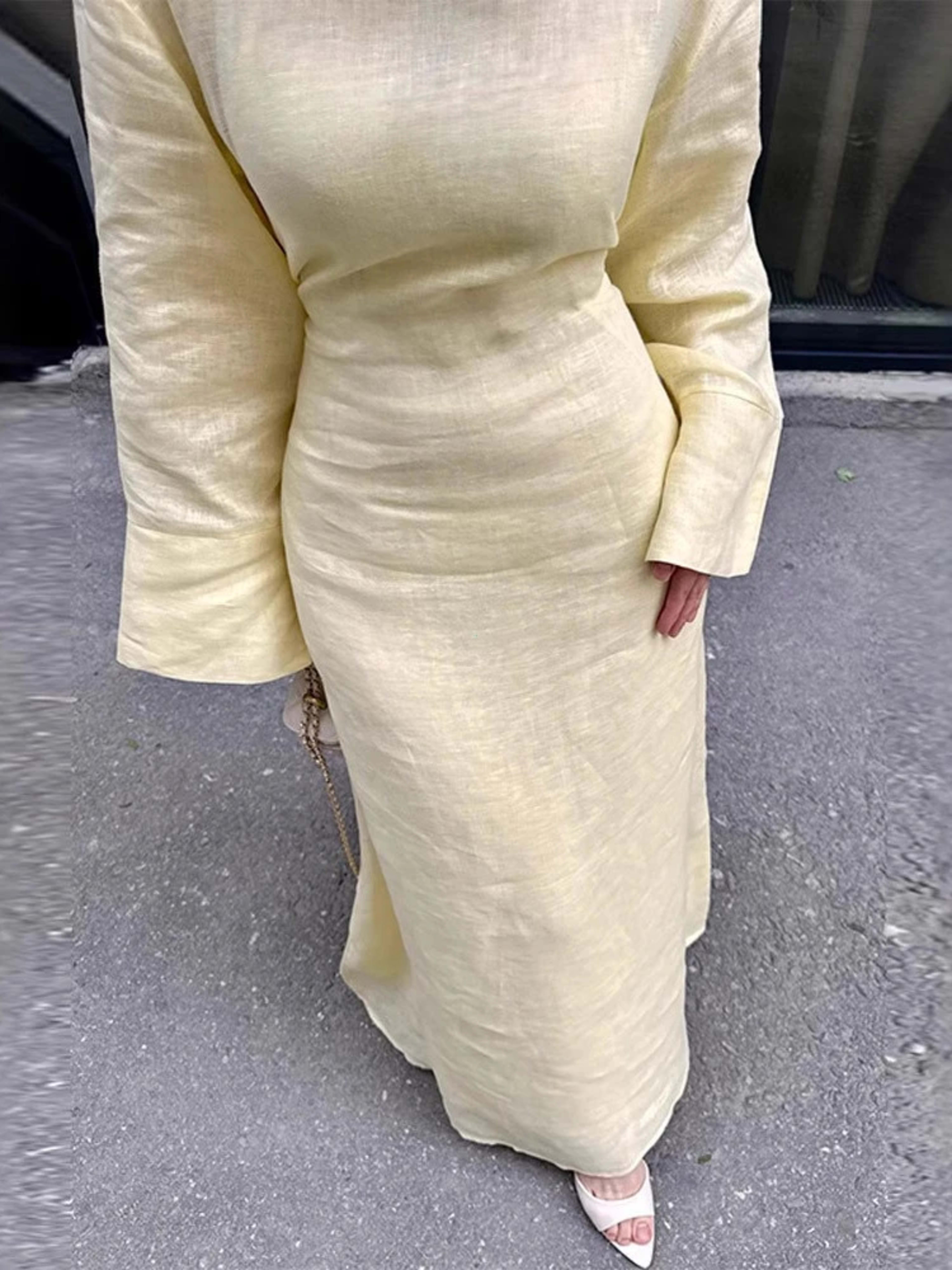Women' Dresses Elegant O-neck Cotton Lined Back Lace Up  Flare Sleeve Waist Cinching Long Robes Female 2025 Summer Lady  3