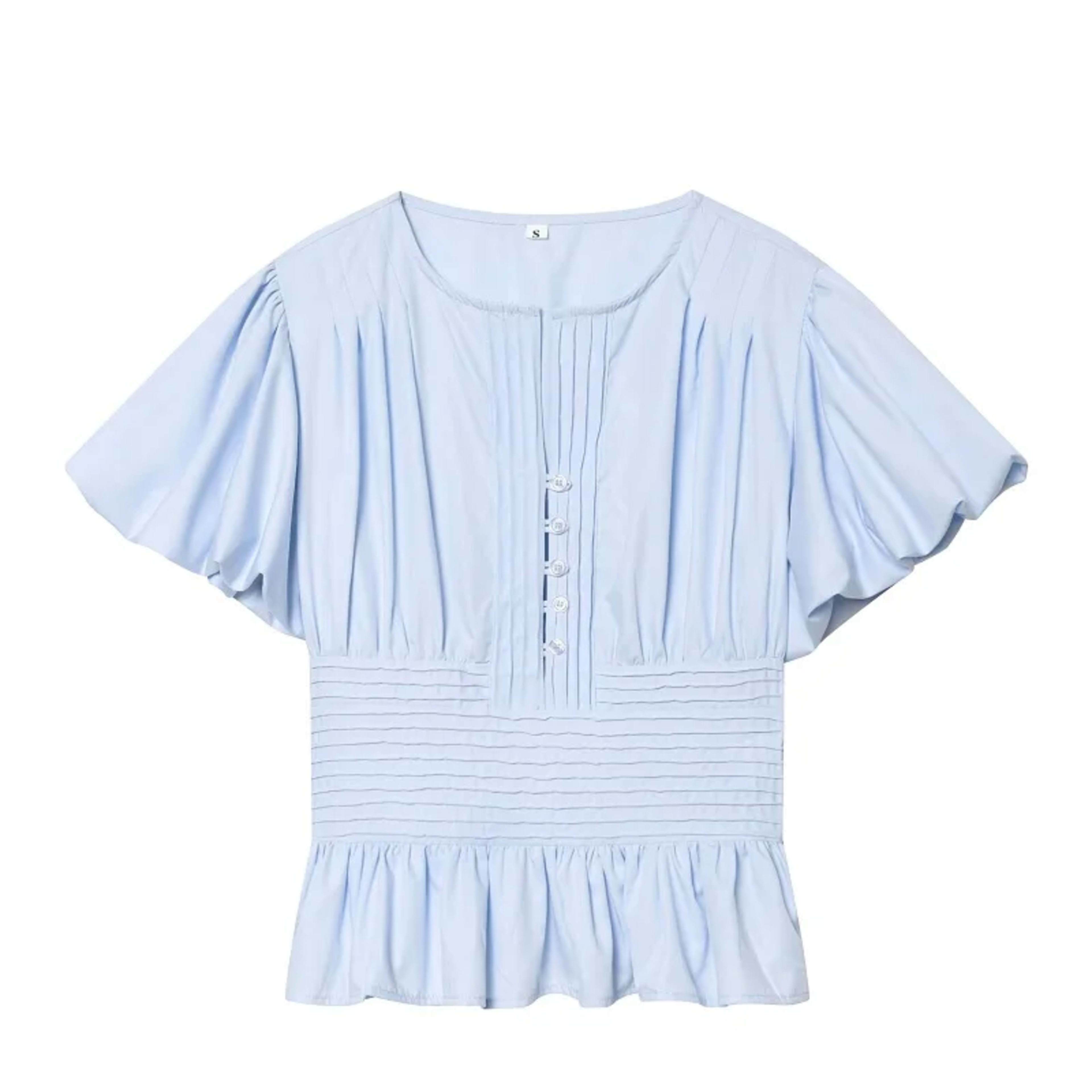 MUJER Blue Ruffle Blouses for Women Puff Sleeve Woman Blouses and Tops Summer Casual Crop Top Woman Fashion Woman Blouse