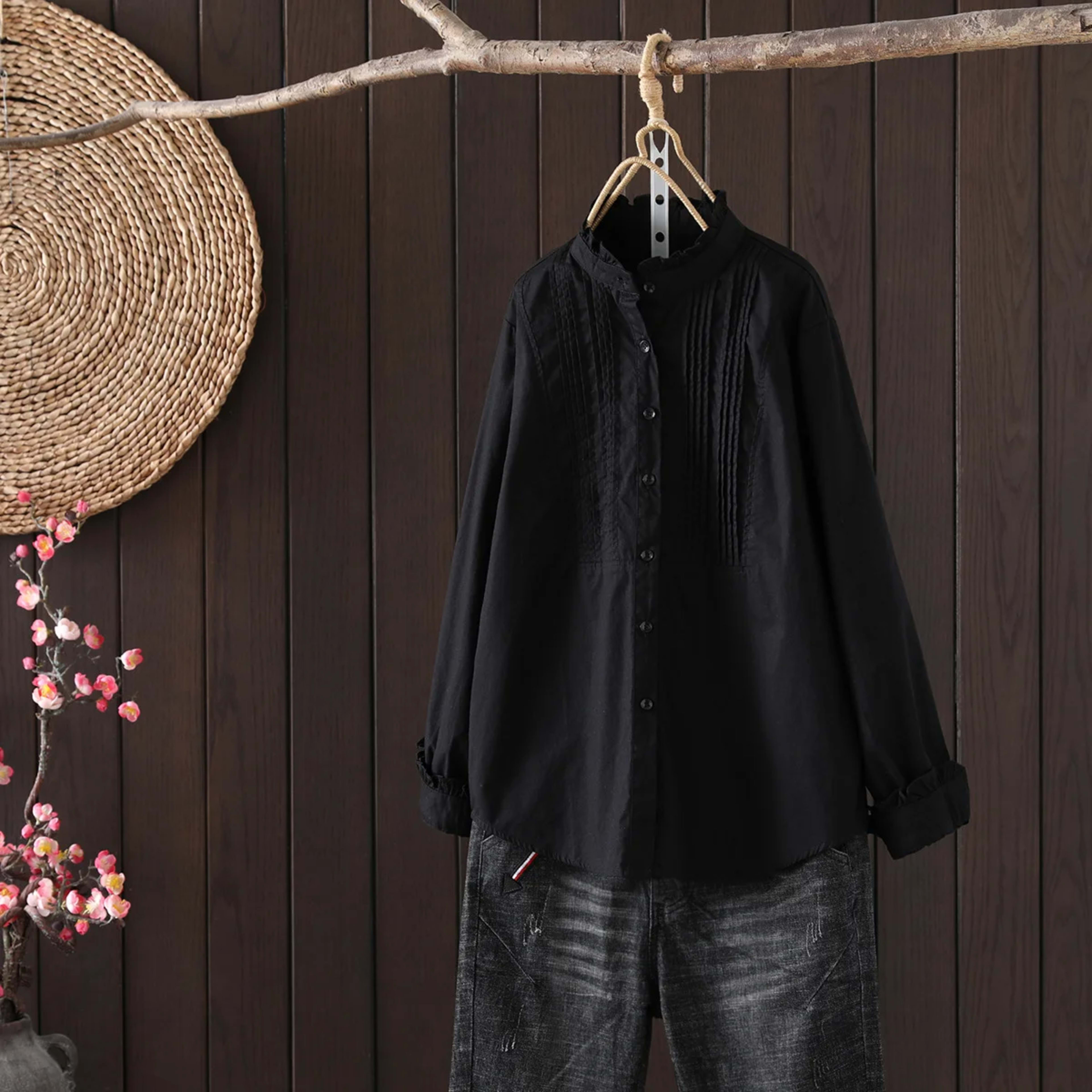 Blusas Mujer De Moda Stand Collar Blouse Women Long Sleeve Cotton Pleated Blouse Shirt Women Tops Women Blouses Shirts B