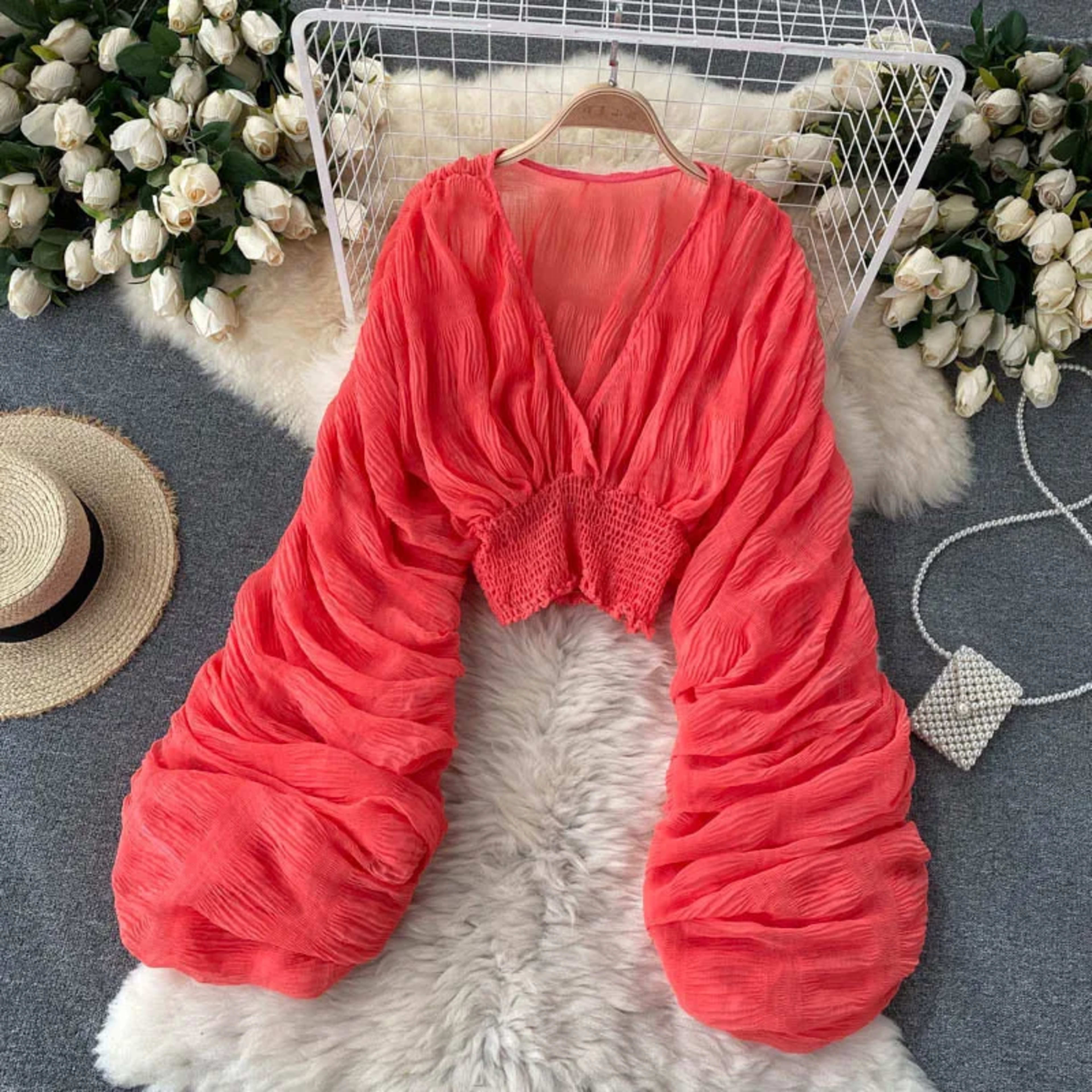 Blouse Women Sexy V Neck Ruffles Top Lace Up Backless Petal Sleeve Pleating Chiffon Tops Blouses Spring 2026 Office Lady