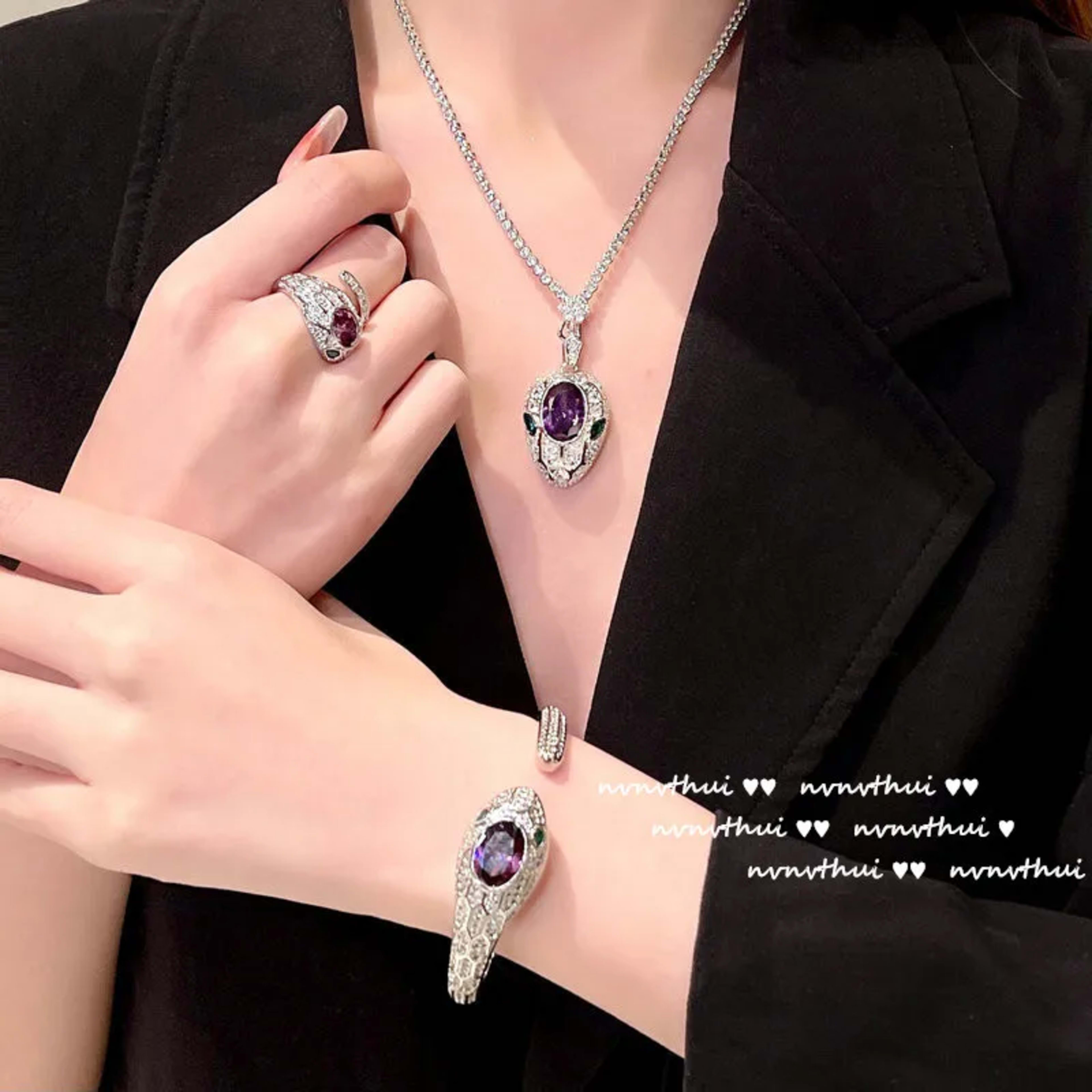 Women's New Fashion 925 Sterling Silver Jewelry Sets for Women Silver Color Luxury Zircon Snakce Necklace/Ring/Earring/B 4