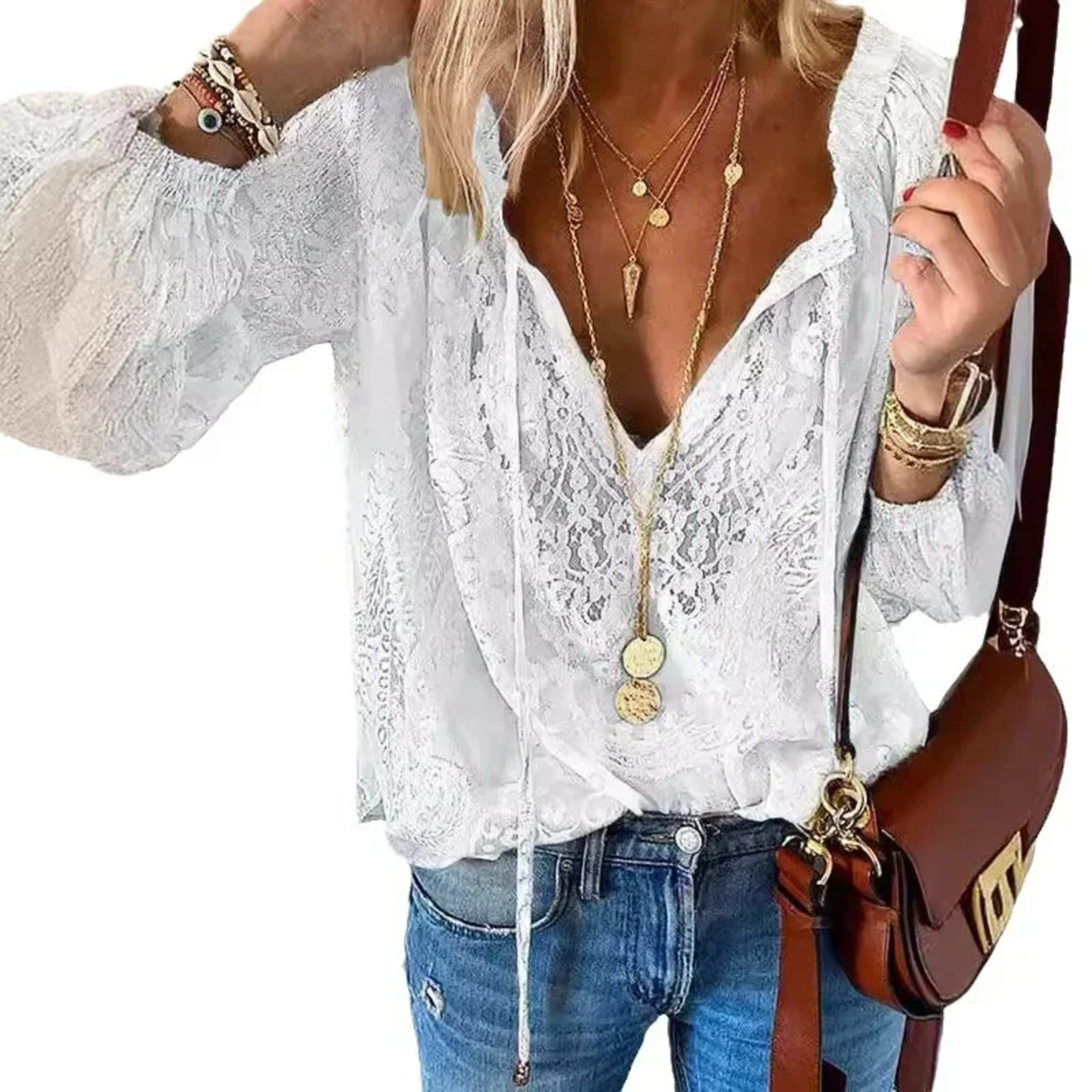 Women's Blouses Fashion Boho Lace Hollow Out Deep V Neck Pullover Shirt Women Elegant Casual Blouse Female Tops Spring S 5