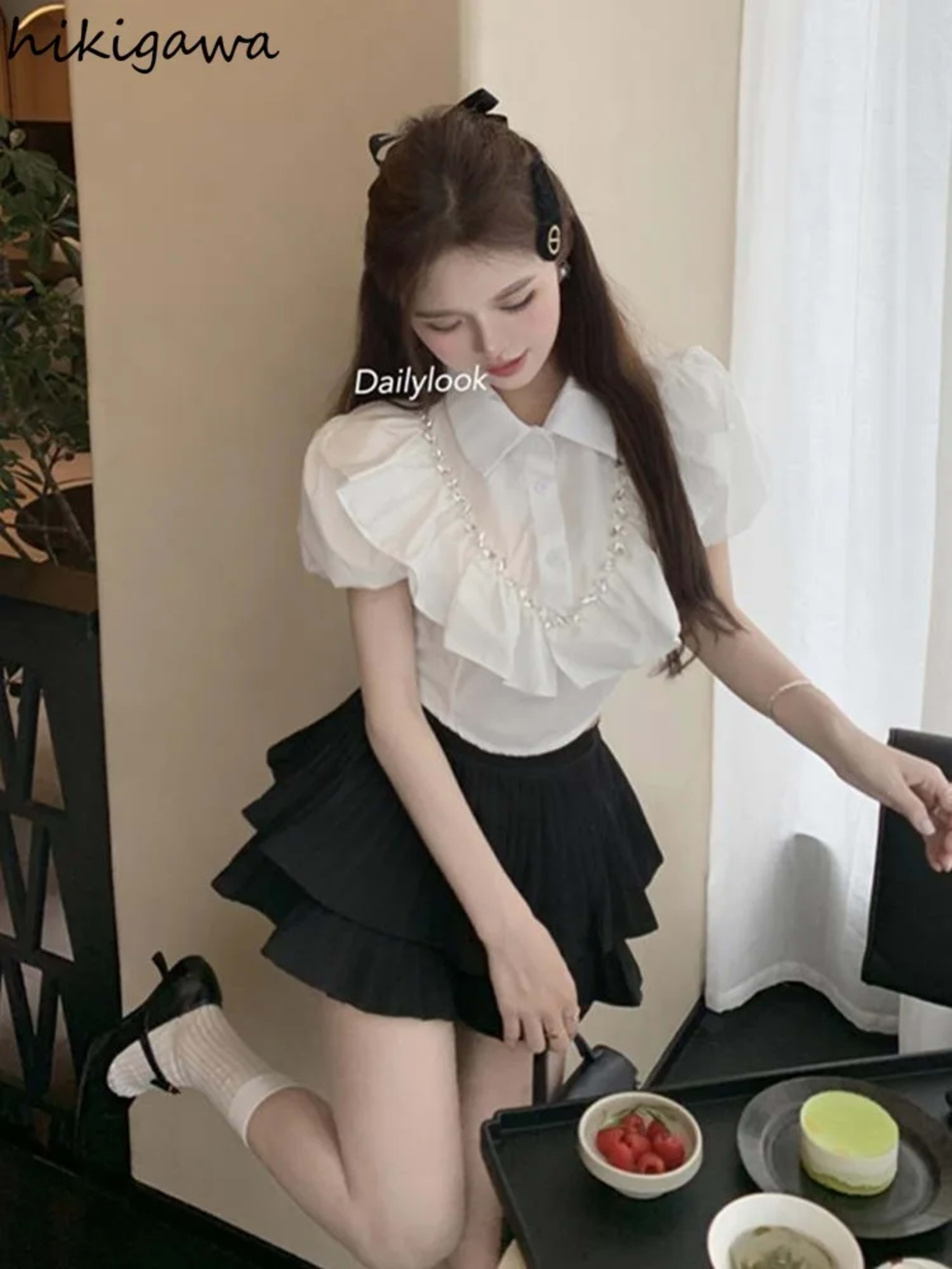 White Women Blouses 2025 Blusas Mujer De Moda Puff Sleeve Slim Fit Heavy Diamond Crop Tops Ruffles Sweet Summer Blouse S 5