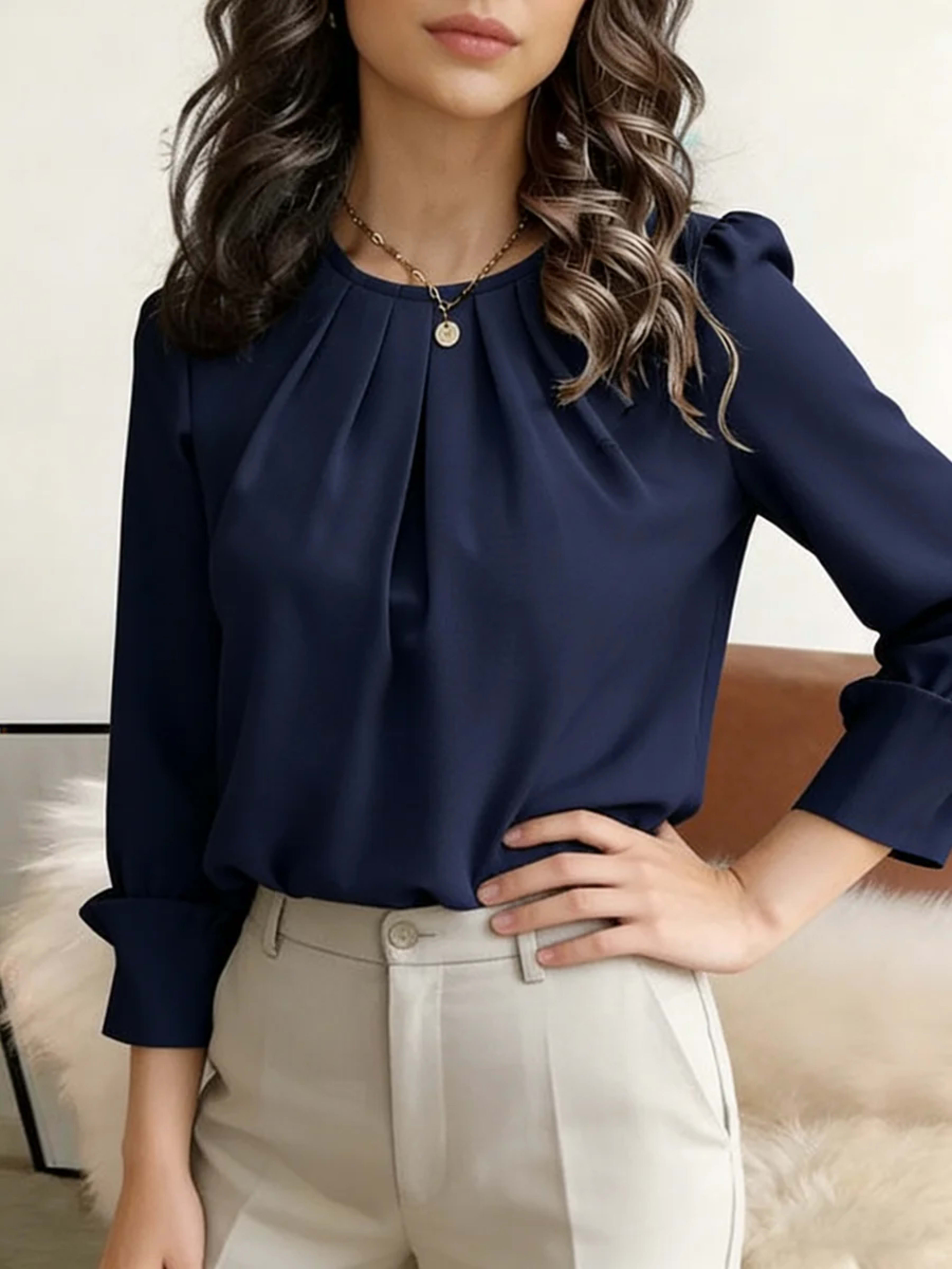 Women's Blouse Round Neck Long Sleeve Tops Solid Pleated Loose Tops Elegant Blouse Spring Summer Casual Blouse Office Li 2