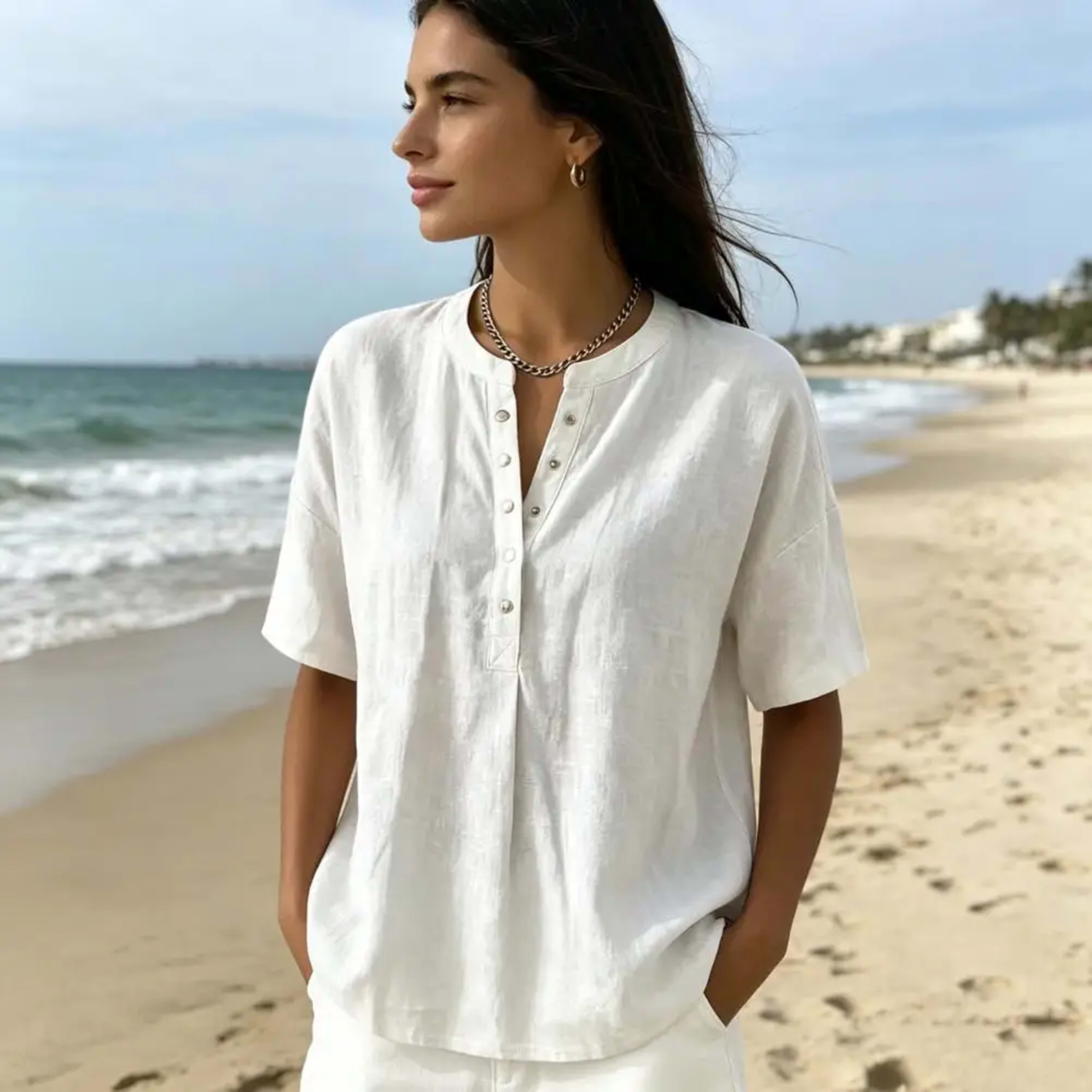 Women Tops Soft Comfortable Women Blouse Women’s V Neck Button Closure Top Short Sleeve Pullover Blouse Loose Fit Commut 1