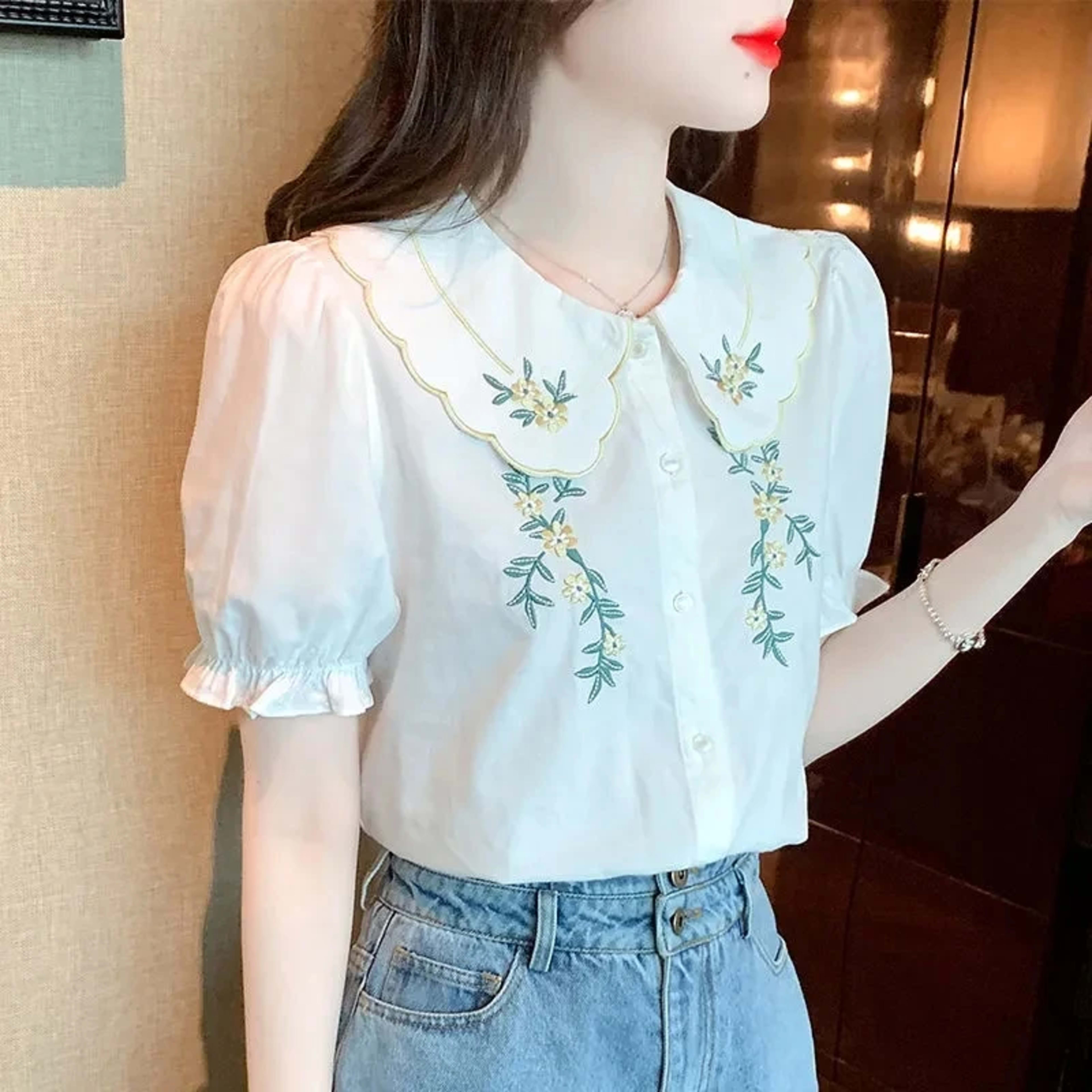 Women's Blouse 2025 Spring Summer Embroidery Short Sleeve Ladies Shirt Comfortable Solid Color Versatile Temperament Lad