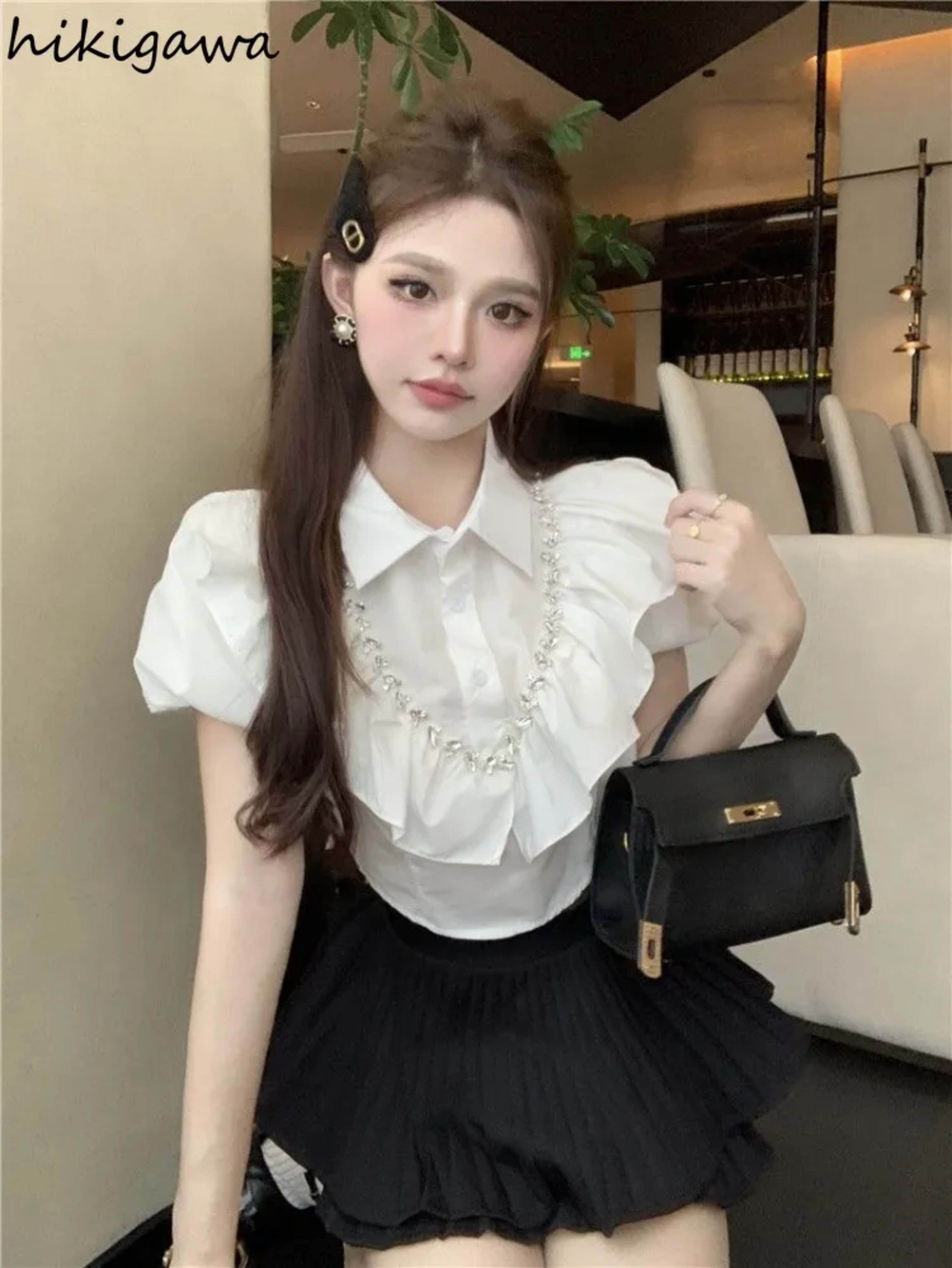 White Women Blouses 2025 Blusas Mujer De Moda Puff Sleeve Slim Fit Heavy Diamond Crop Tops Ruffles Sweet Summer Blouse S 6