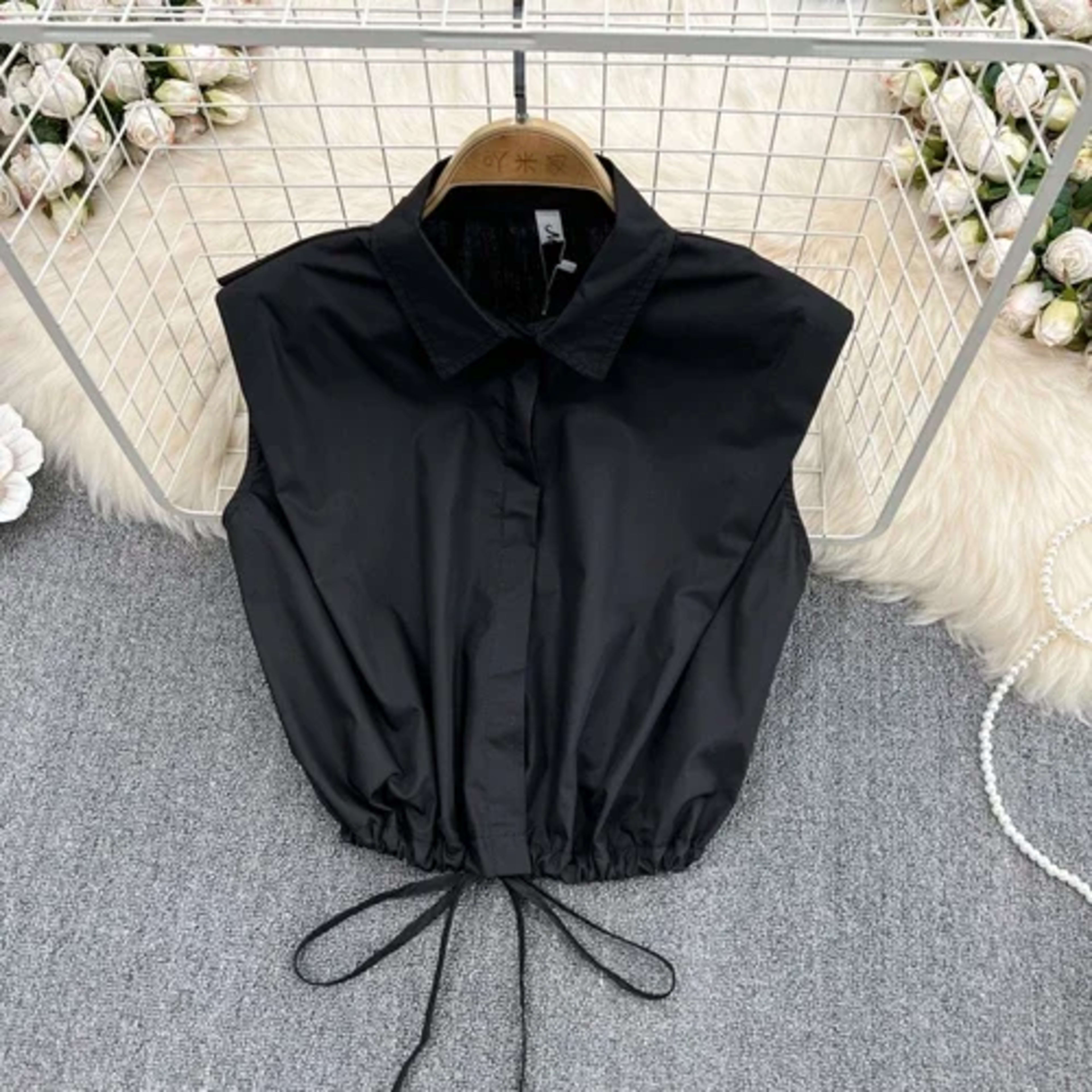 Women Blouse Tops Turn-down Collar Solid Color Sleeveless Draw String Blusas Femininas Vintage Summer Camisas Almighty D 10