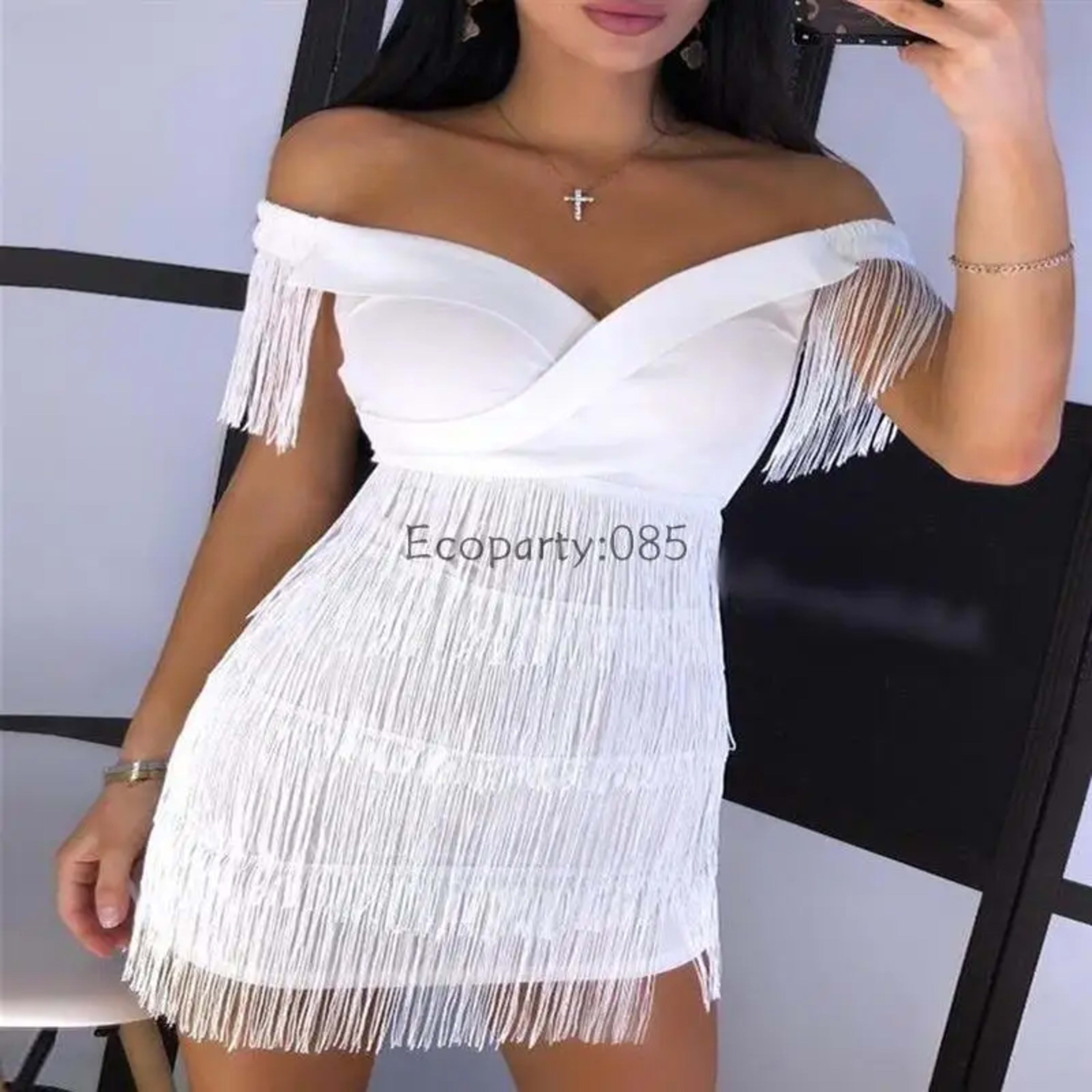 Women Evening Dresses Sexy Big V Neck One-shoulder Fringed Skirt Ladies Temperament Slim Dress Short Sleeve Club Dress V 2