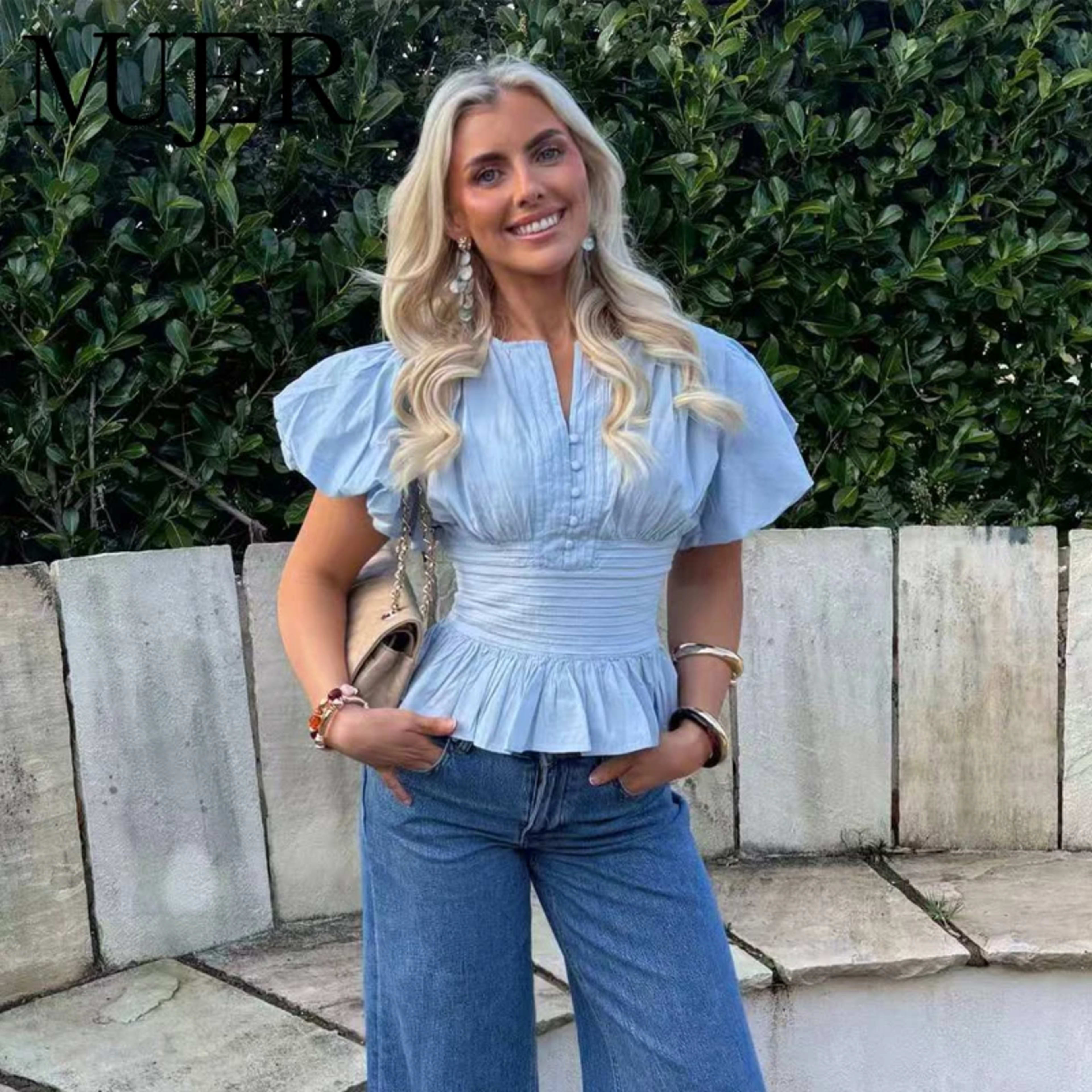 MUJER Blue Ruffle Blouses for Women Puff Sleeve Woman Blouses and Tops Summer Casual Crop Top Woman Fashion Woman Blouse 1
