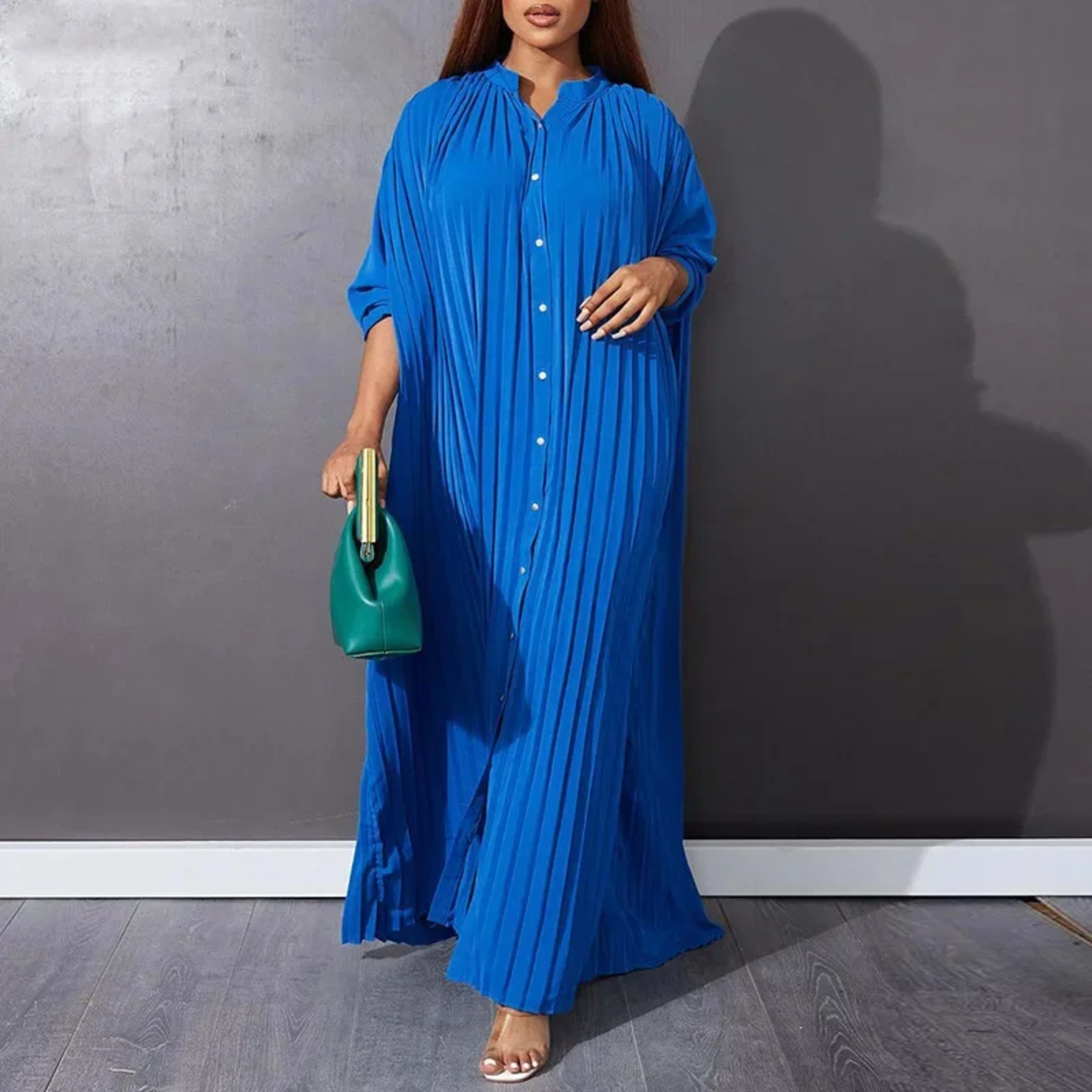 Women Eid Muslim Dresses Stand Collar Single Breasted Dubai Arab Vestidos Ramadan Casual Loose Kaftan Dress Solid Pleate 3