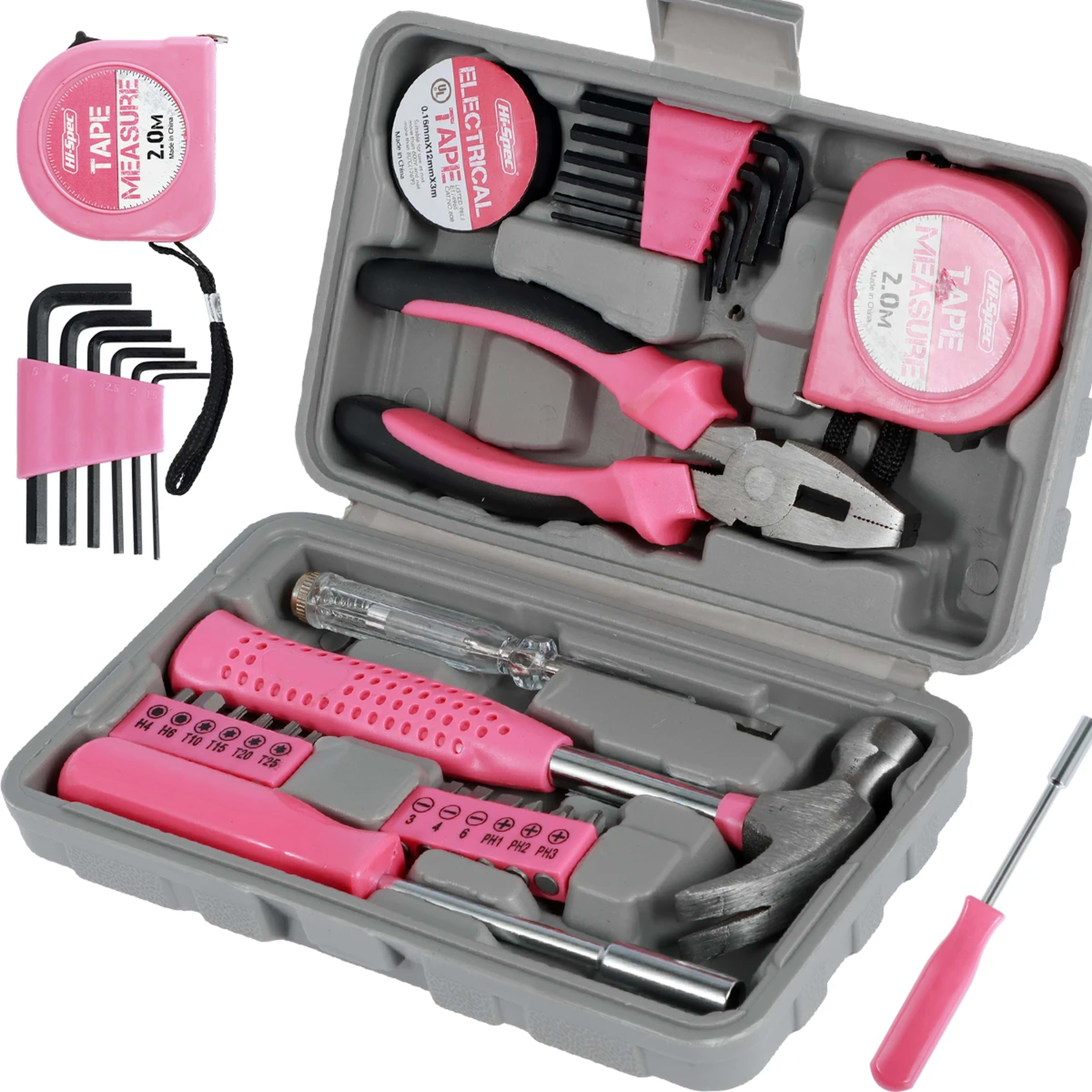 13/24Pcs Household Repair Tool Kit Multi-Purpose Pink Home Hand Tool Set with Storage Case Durable Hammer and Allen Key