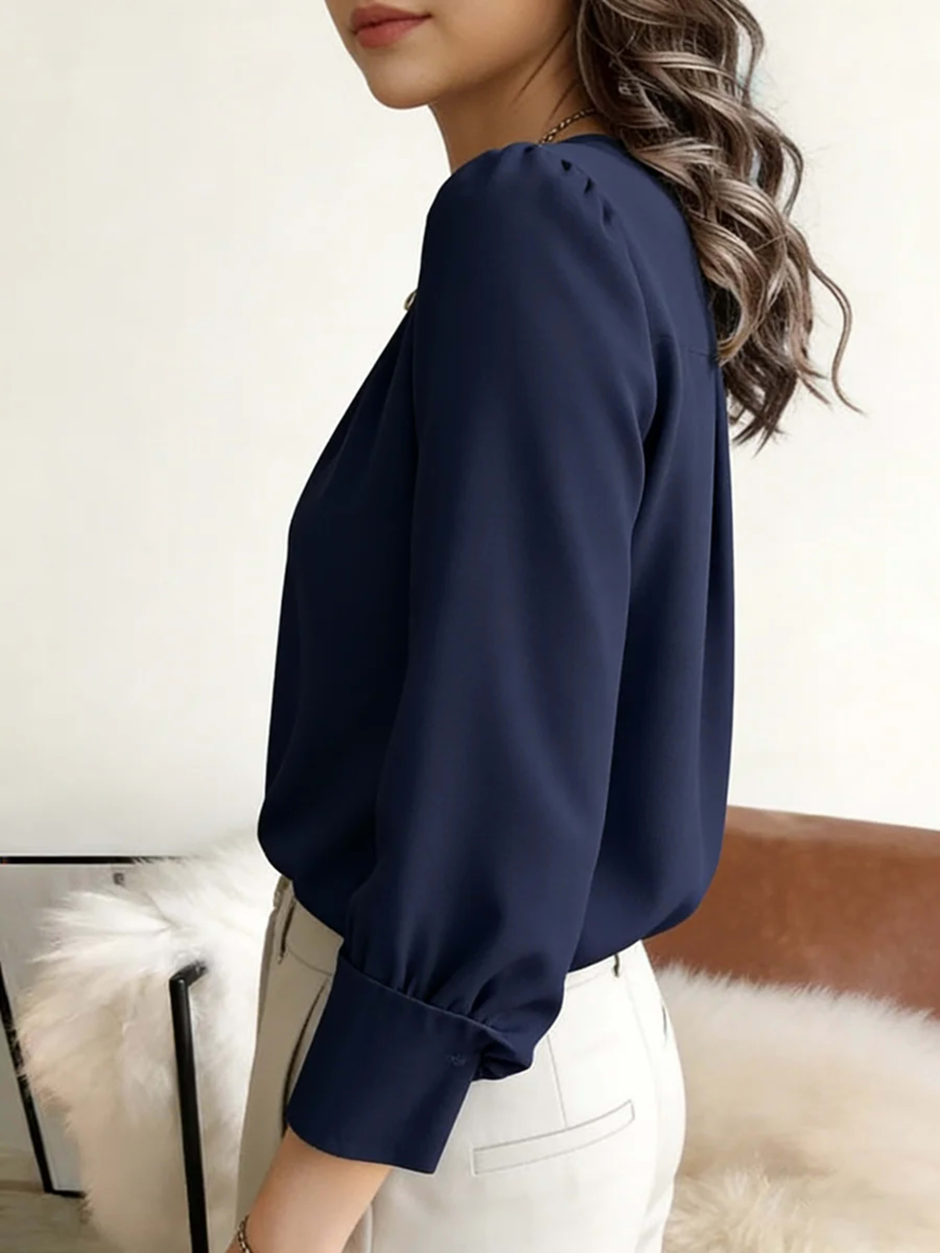 Women's Blouse Round Neck Long Sleeve Tops Solid Pleated Loose Tops Elegant Blouse Spring Summer Casual Blouse Office Li 5