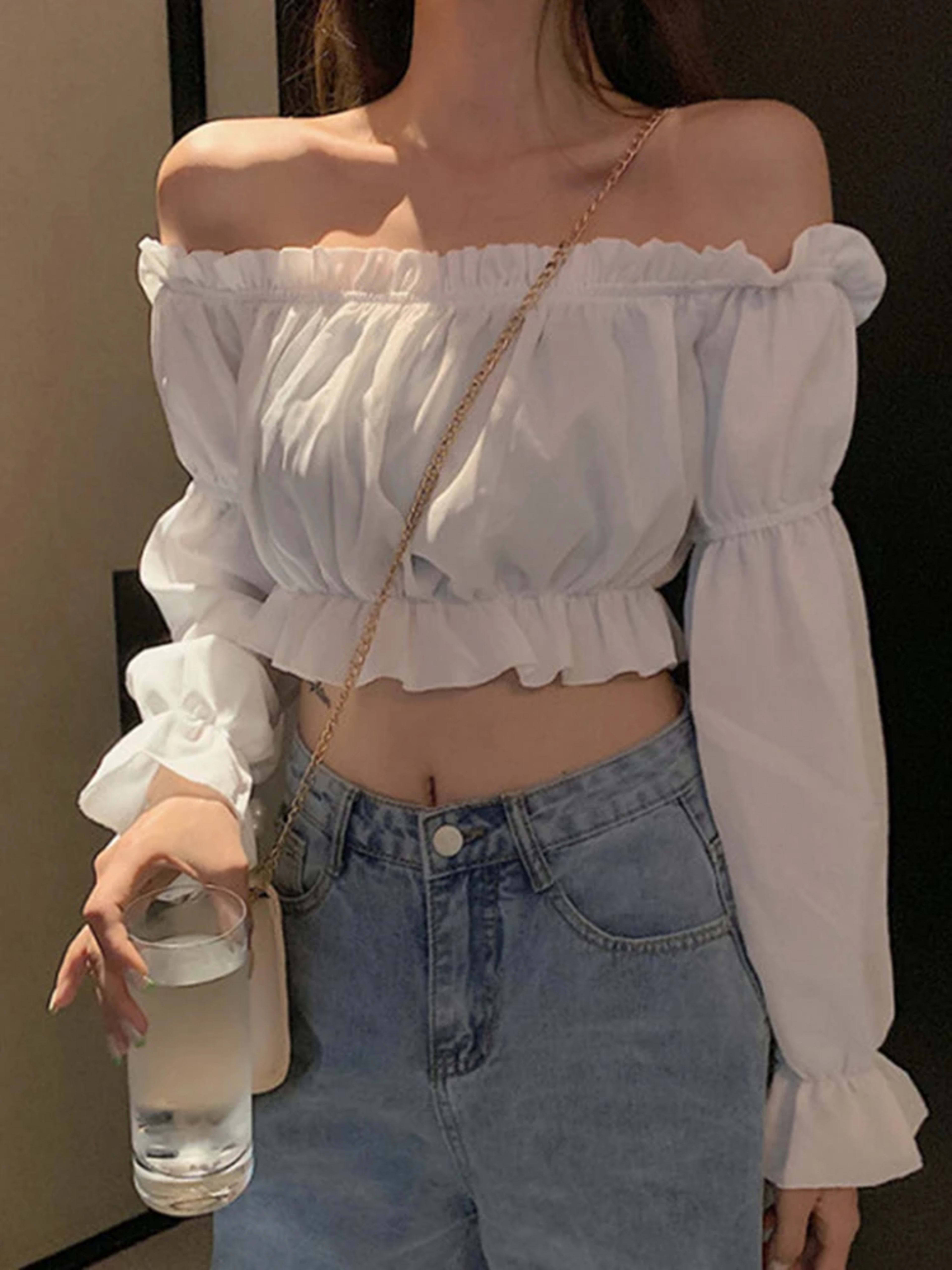 Women Top Sexy Blouse Off Shoulder Top Long Sleeve Solid Color White Shirt Puff Sleeve Ruffle Tunic Crop Top Summer Tube