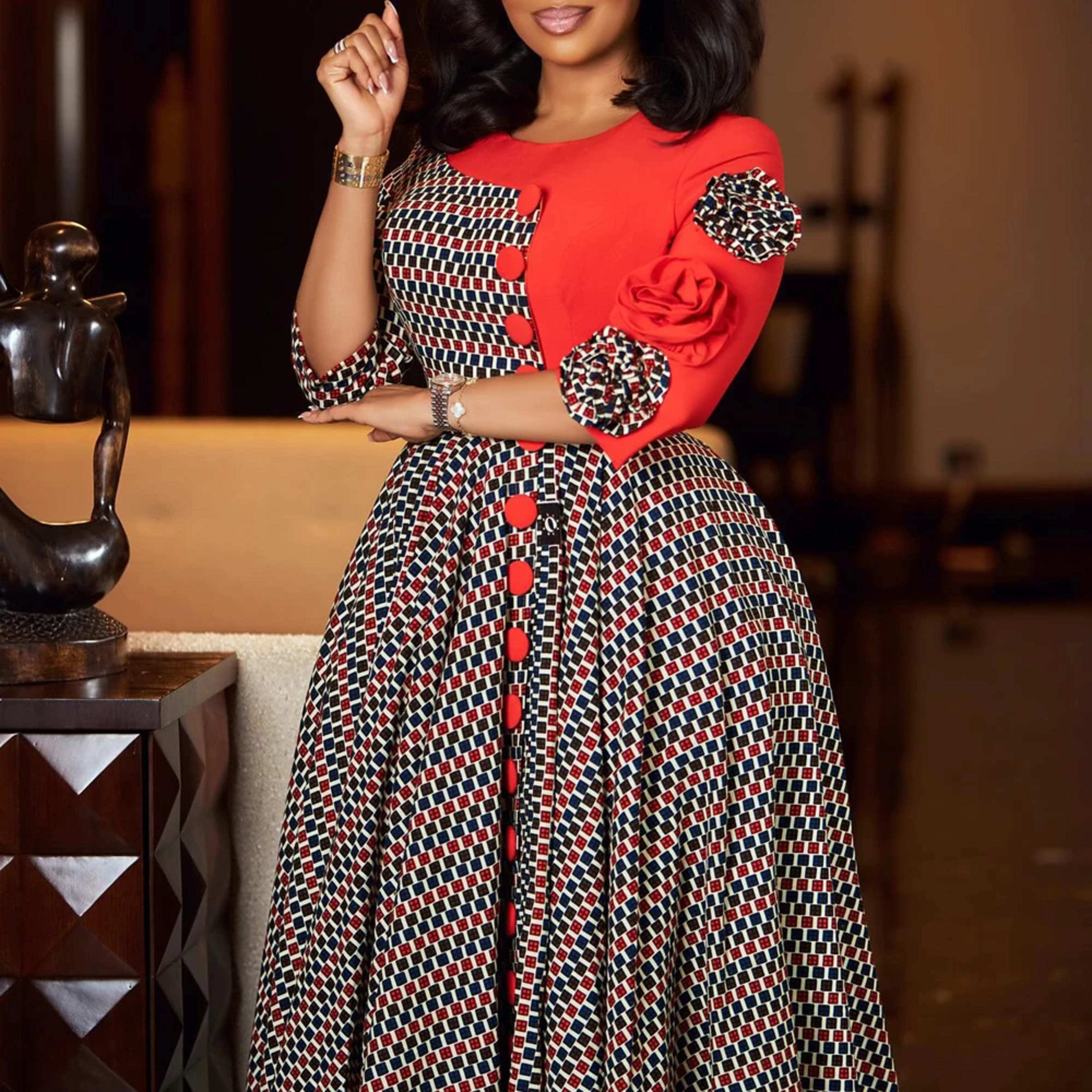 Elegant Dresses for Women 2025 Fall Fashion African 3/4 Sleeve Party Birthday New Robe Chic 3D Flower Plaid Evening A-Li 1