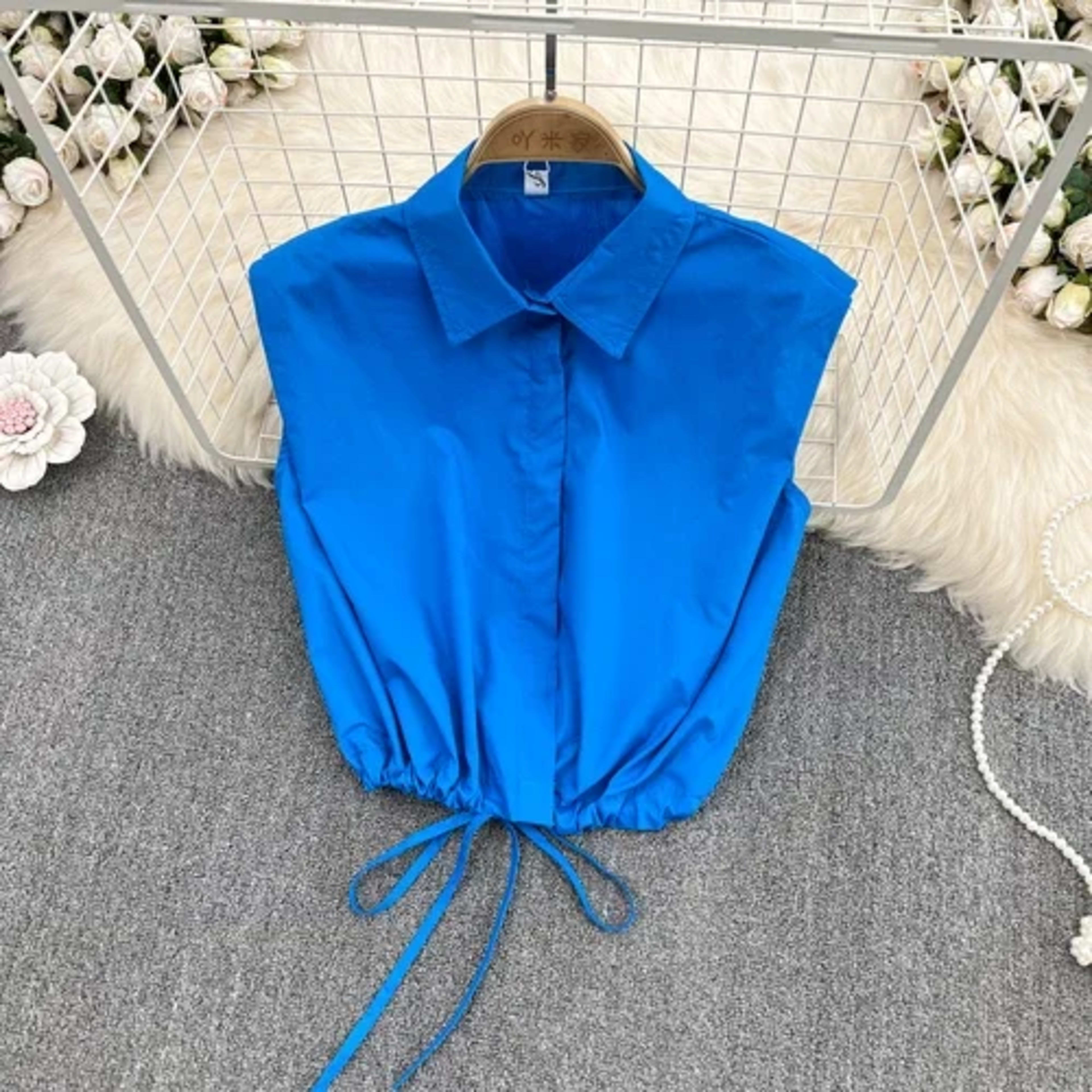 Women Blouse Tops Turn-down Collar Solid Color Sleeveless Draw String Blusas Femininas Vintage Summer Camisas Almighty D 8