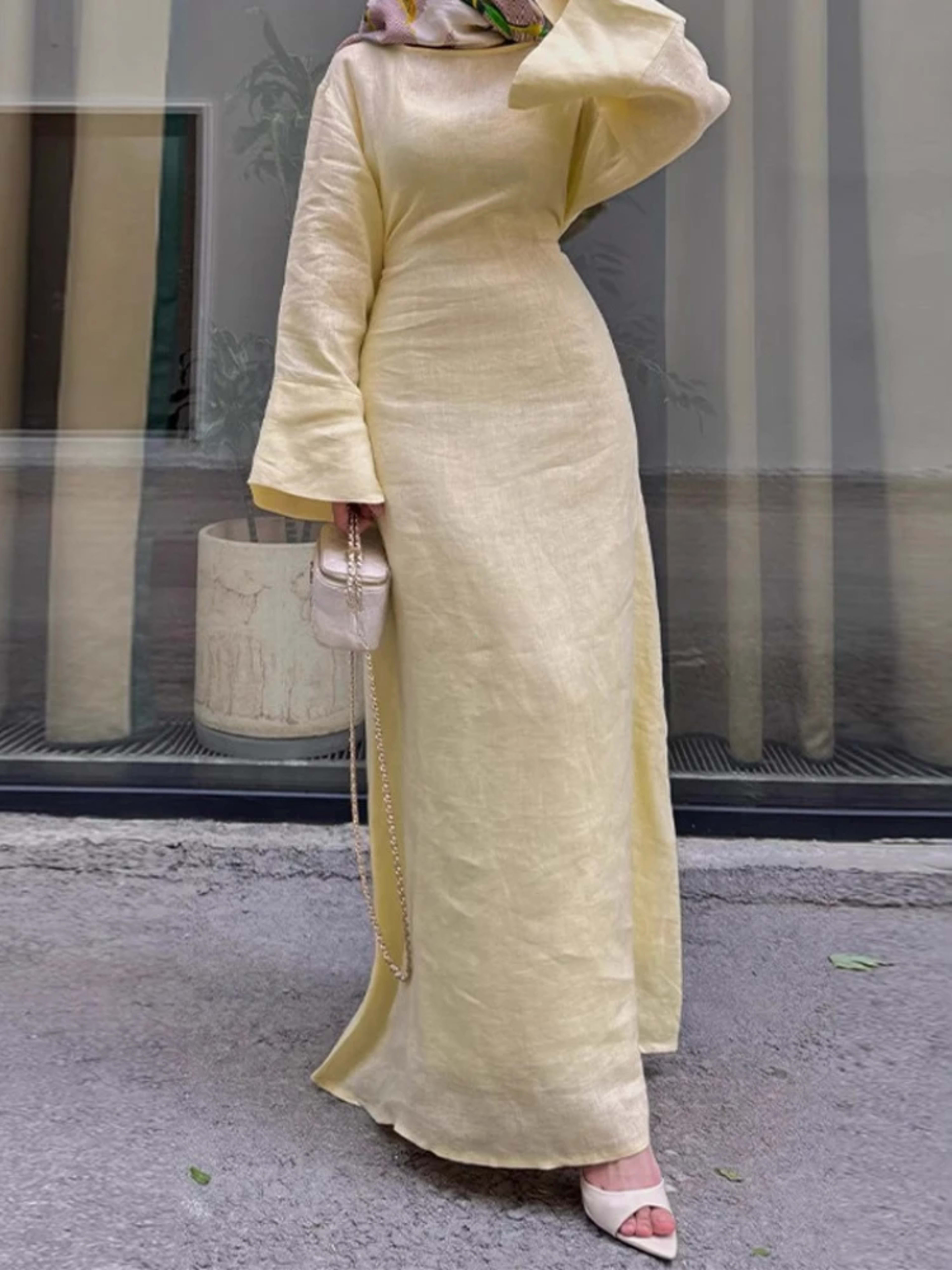 Women' Dresses Elegant O-neck Cotton Lined Back Lace Up  Flare Sleeve Waist Cinching Long Robes Female 2025 Summer Lady  1