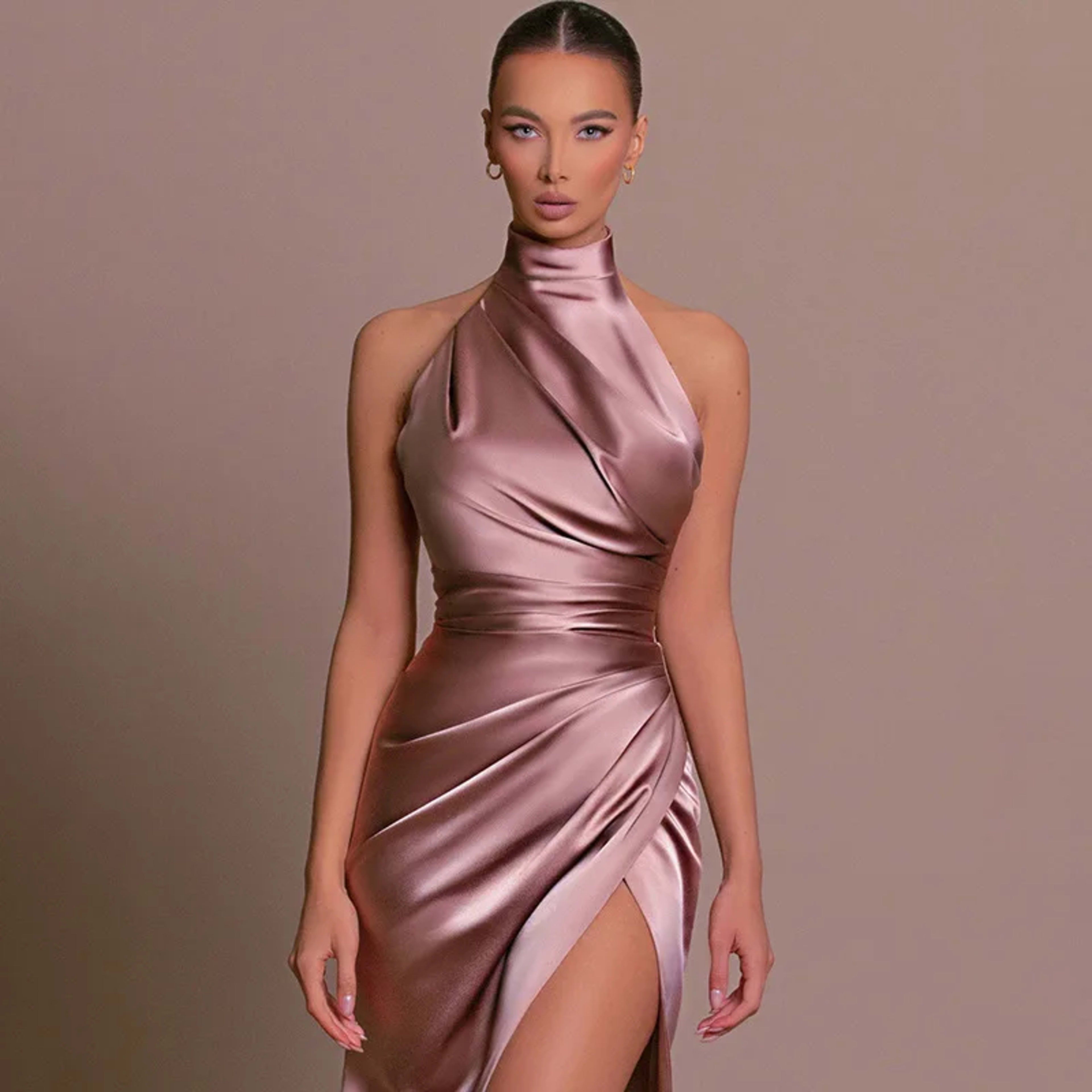 Women Dress Elegant Long Dresses Party Night Dress Women Dresses Woman Female Stand Collar Hanging Neck Sexy Slim Fit Sl