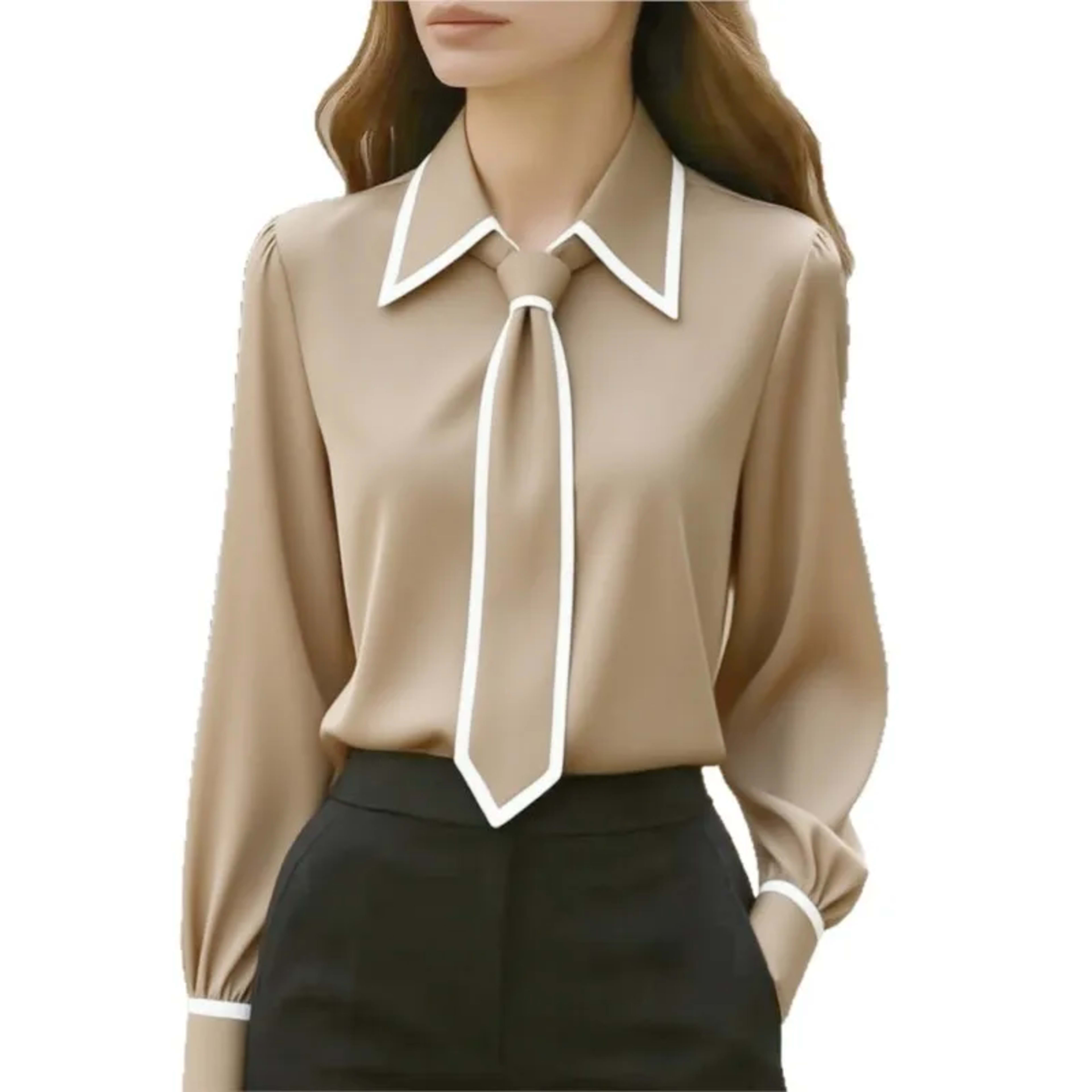 Women's Blouse Fashion Shirt Formal Bow Tie Long-sleeve Contrasting Trim Tops Slim-fit Workwear Elegant Office Lady Shir 5