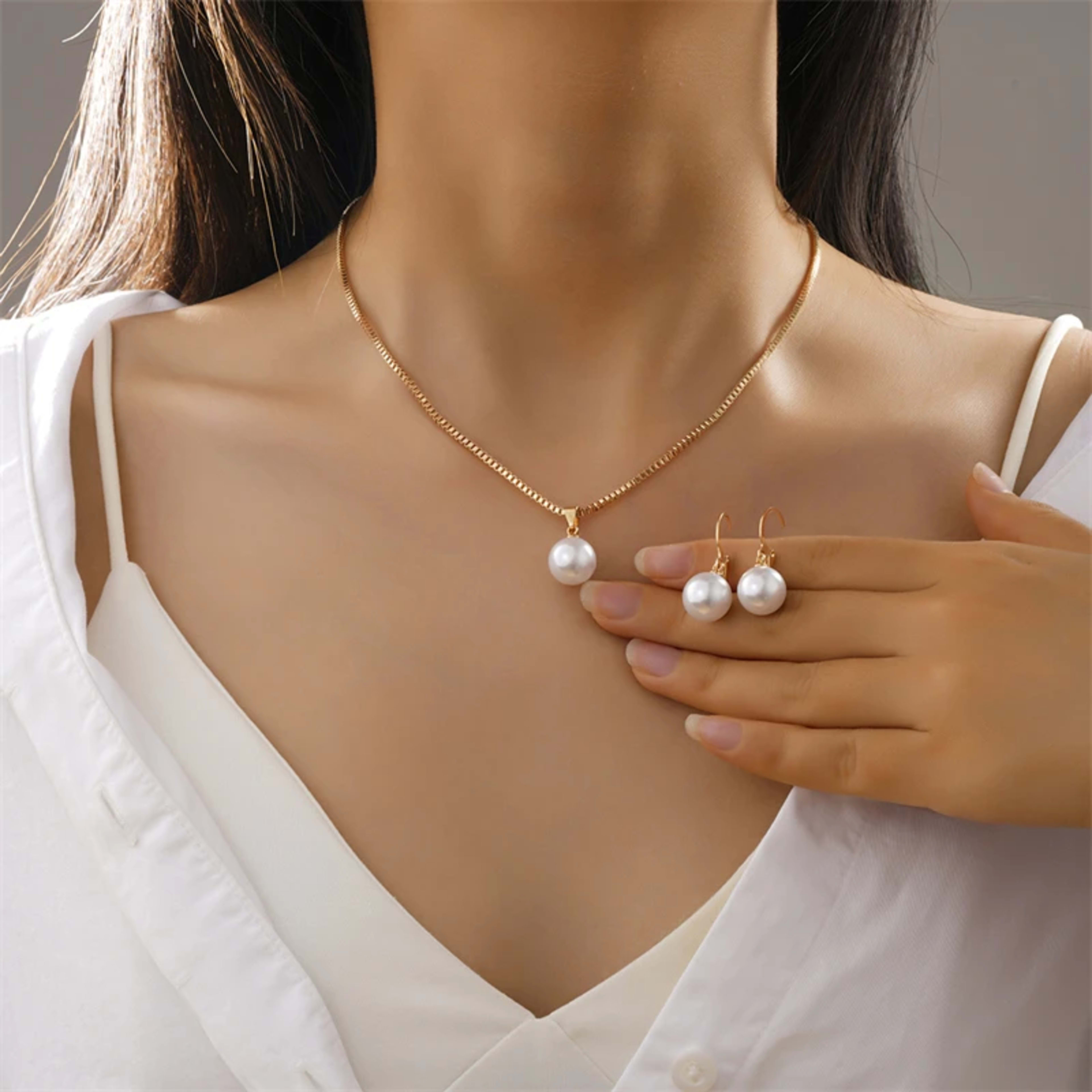 Fashion Elegant Imitation Pearl Pendant Jewelry Set for Women Vintage Gold Color Chain Necklace Earring Girl Wedding Par 2