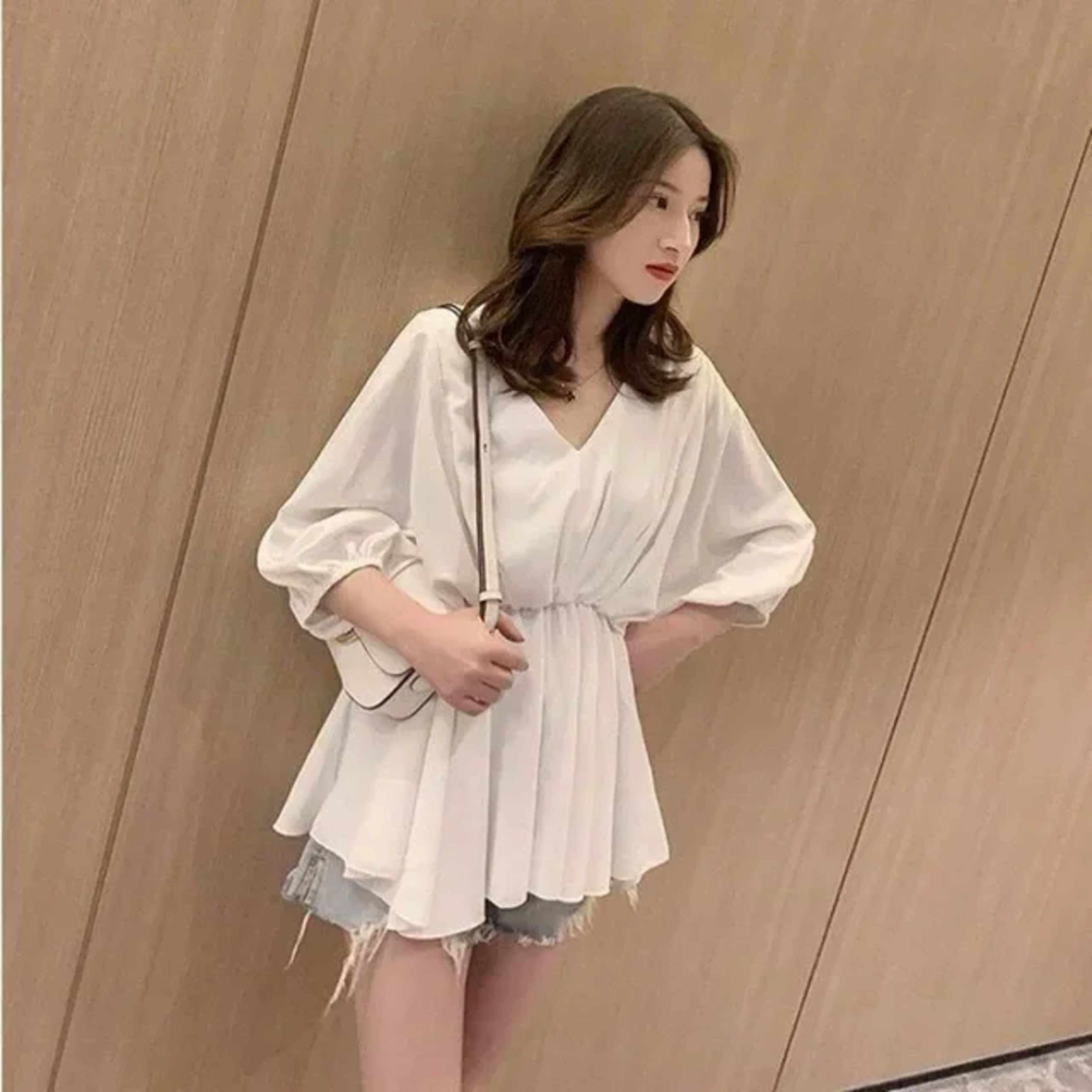 Blouse For Women Oversized Tops Long Sleeve V-neck Chiffon Slim Waist Shirts 2025 Blusas Mujer De Moda Folds Chic Summer 2