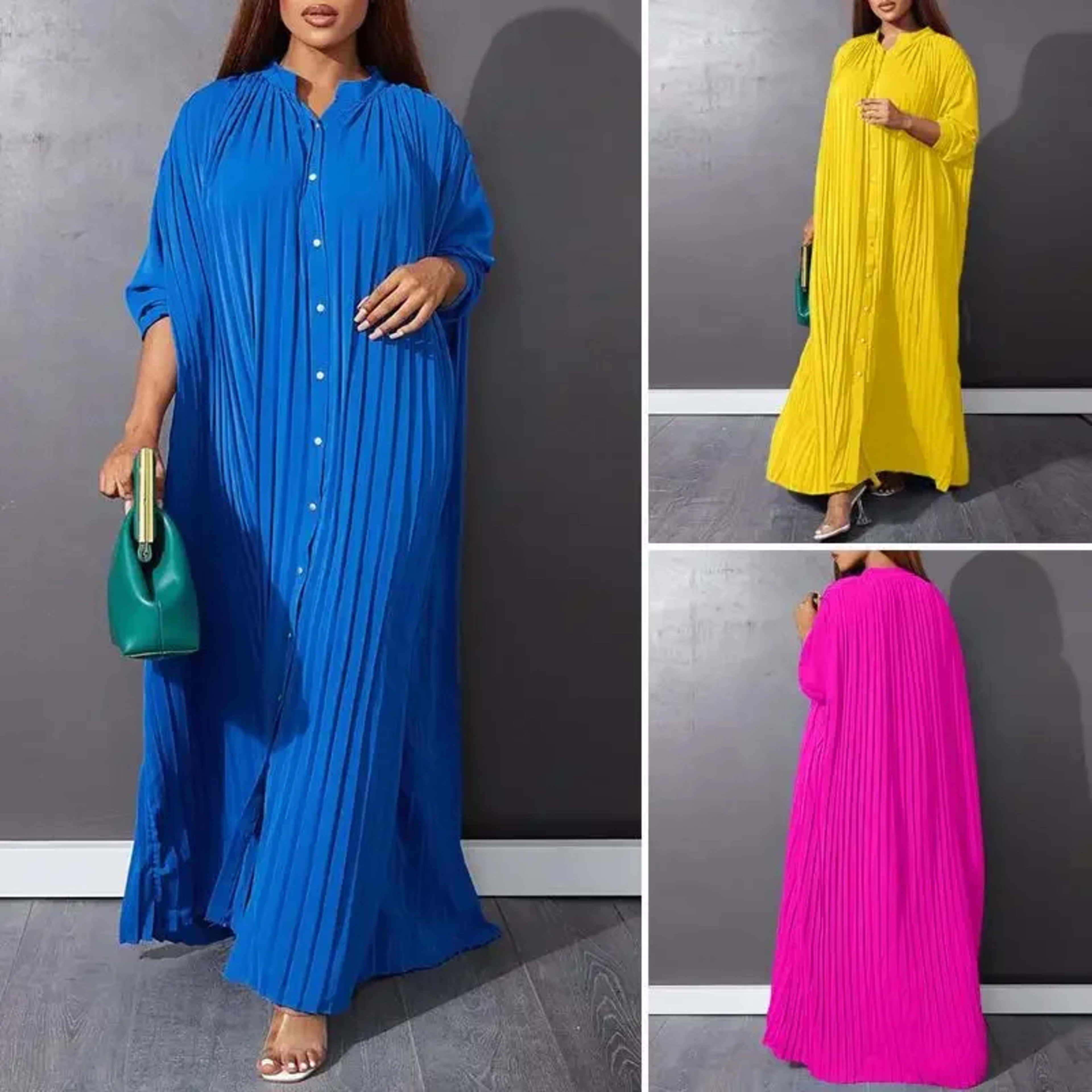 Women Eid Muslim Dresses Stand Collar Single Breasted Dubai Arab Vestidos Ramadan Casual Loose Kaftan Dress Solid Pleate 1