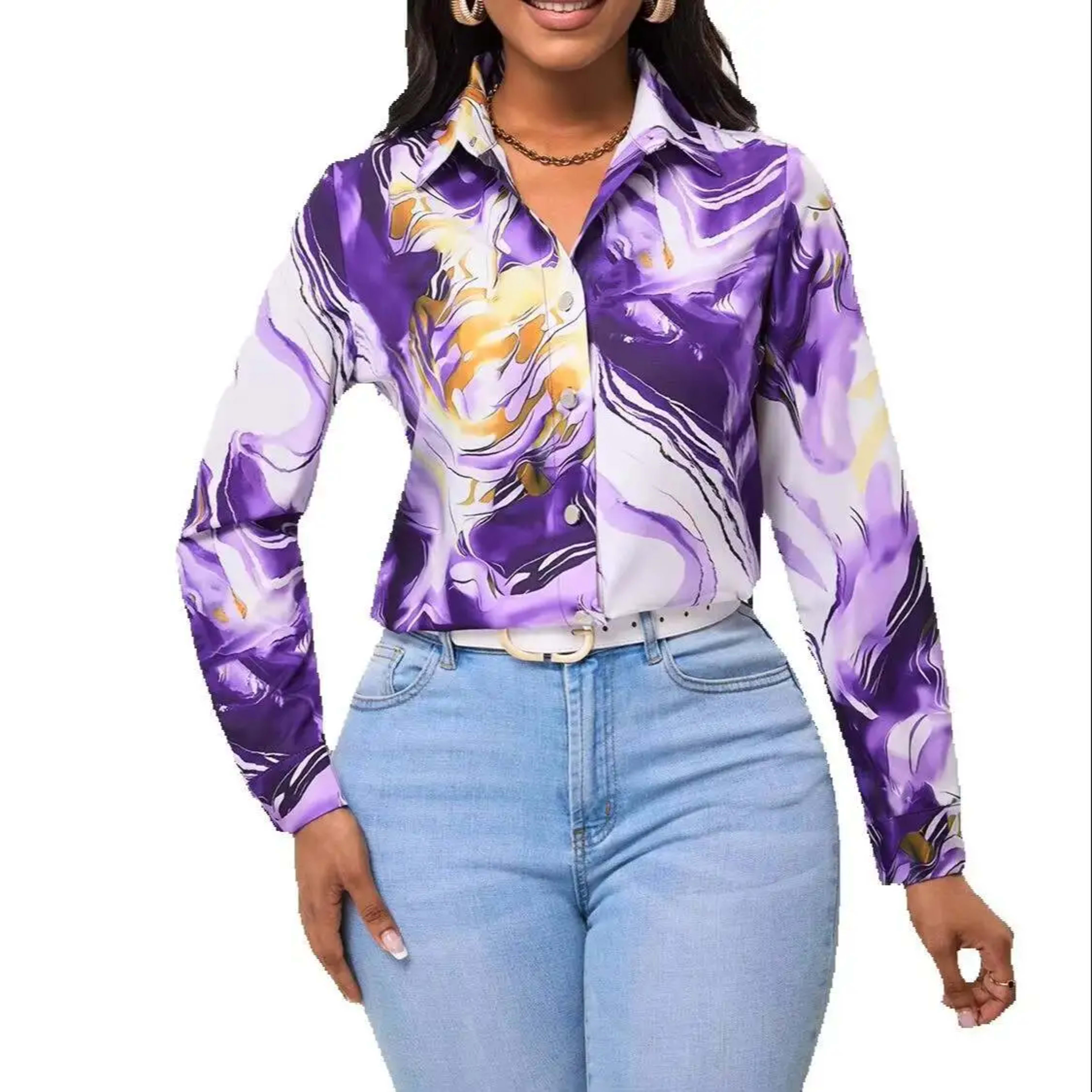 Women's Blouse Spring Summer Purple Gold Marble Print Collar Front Button Long Sleeve Satin Luxury Elegant Daily Office