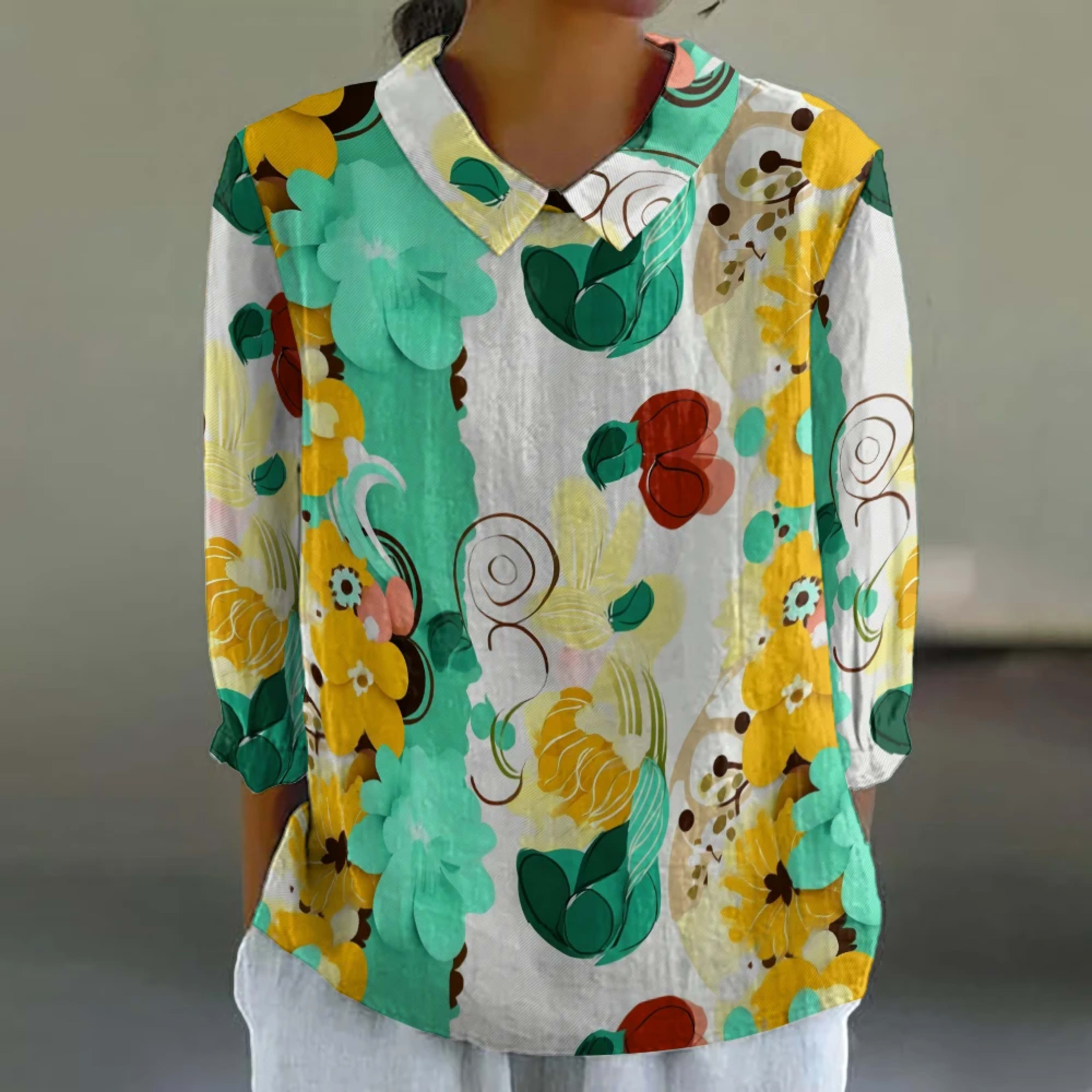 Women's Floral Shirt Cute 3/4 Sleeve Blouse Breathable Vacation Top Resort Style Button Down Tunic Summer Casual Shirt P 19