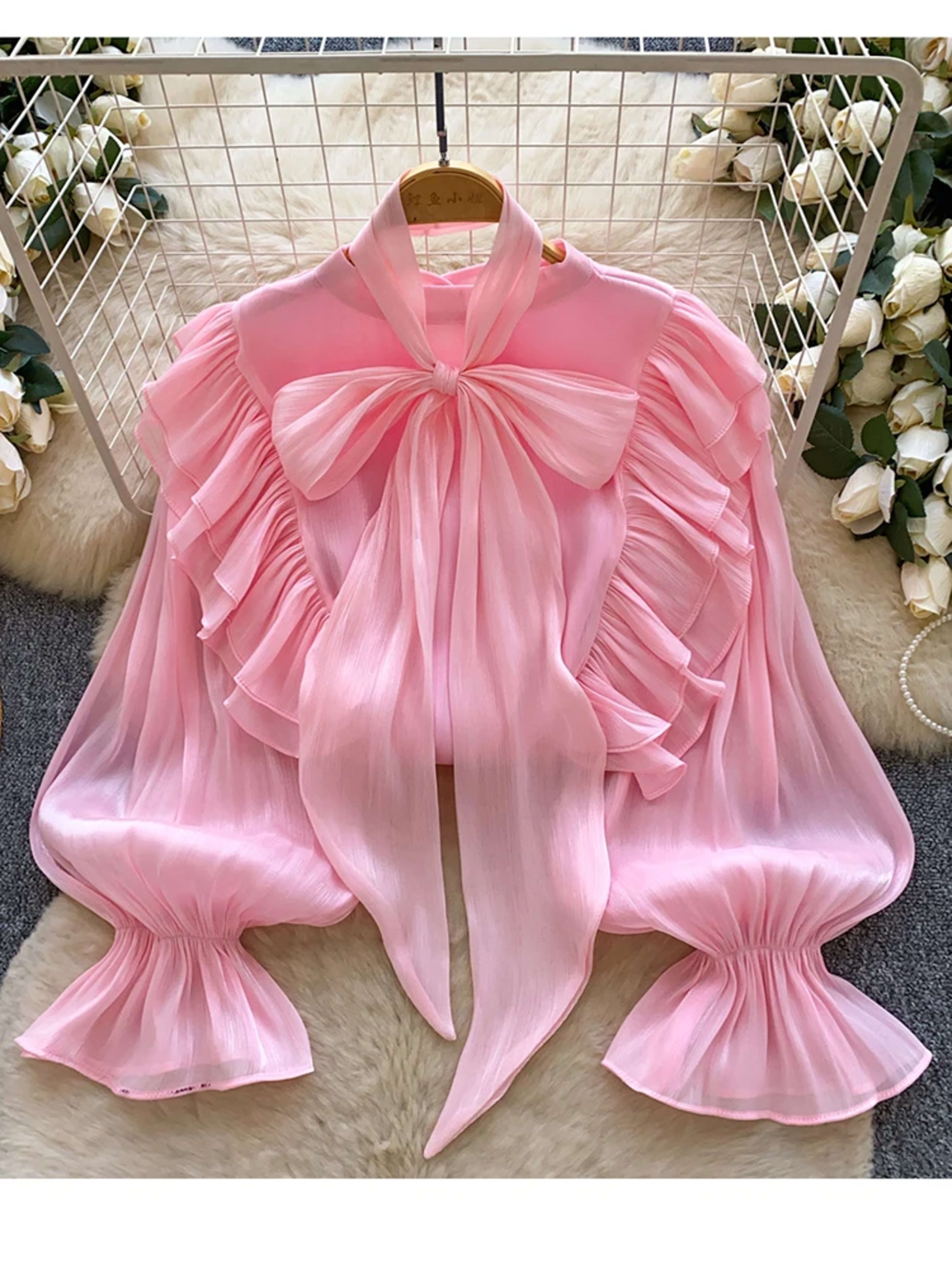 Women Blouse Elegant Bow-detailed Chiffon Blouse Ruffle Hem Featuring Lightweight Layering Piece Spring Summer Blusa Top 2
