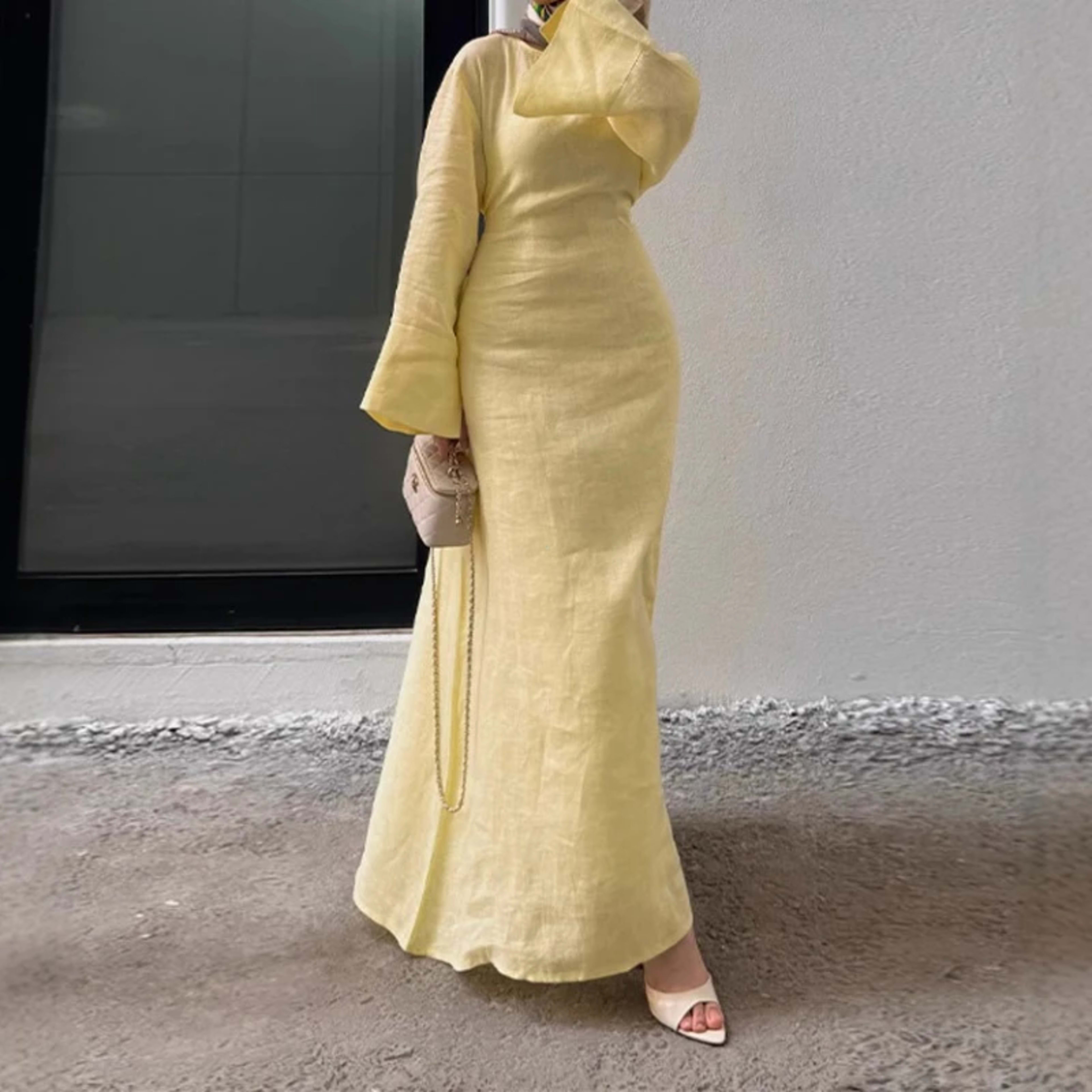 Women' Dresses Elegant O-neck Cotton Lined Back Lace Up Flare Sleeve Waist Cinching Long Robes Female 2025 Summer Lady