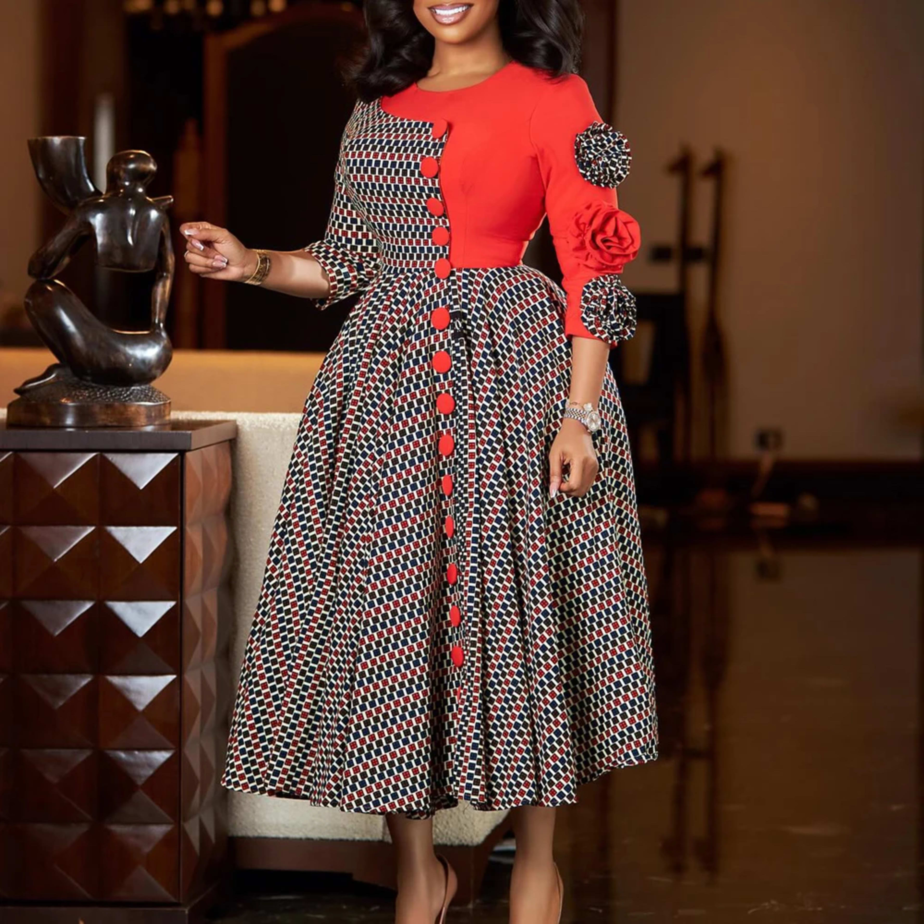 Elegant Dresses for Women 2025 Fall Fashion African 3/4 Sleeve Party Birthday New Robe Chic 3D Flower Plaid Evening A-Li 2