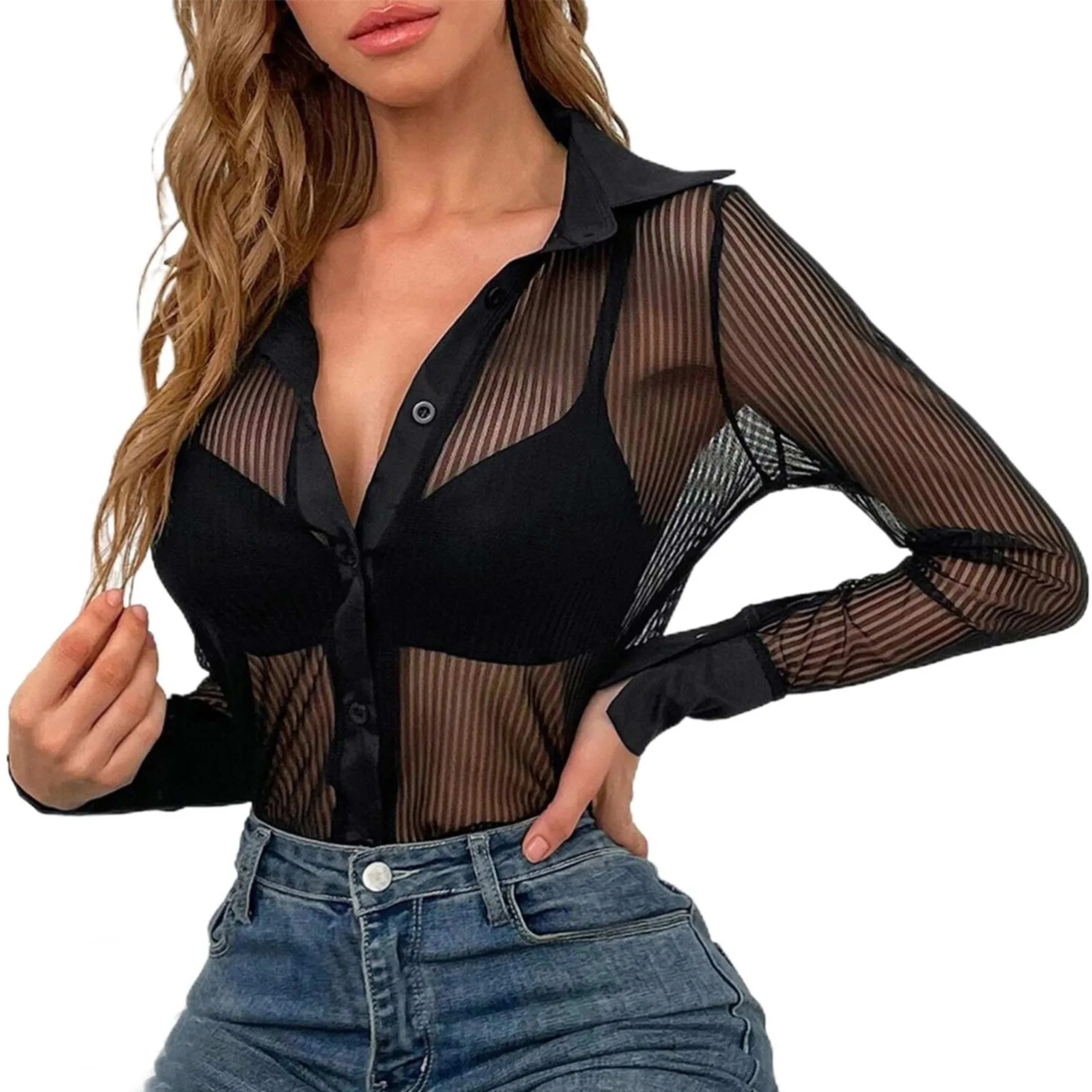 Women’S Blouse Women'S Sheer Mesh Button Down Sexy Shirt Top Long Sleeve Blouse Blusas Elegante Feminina