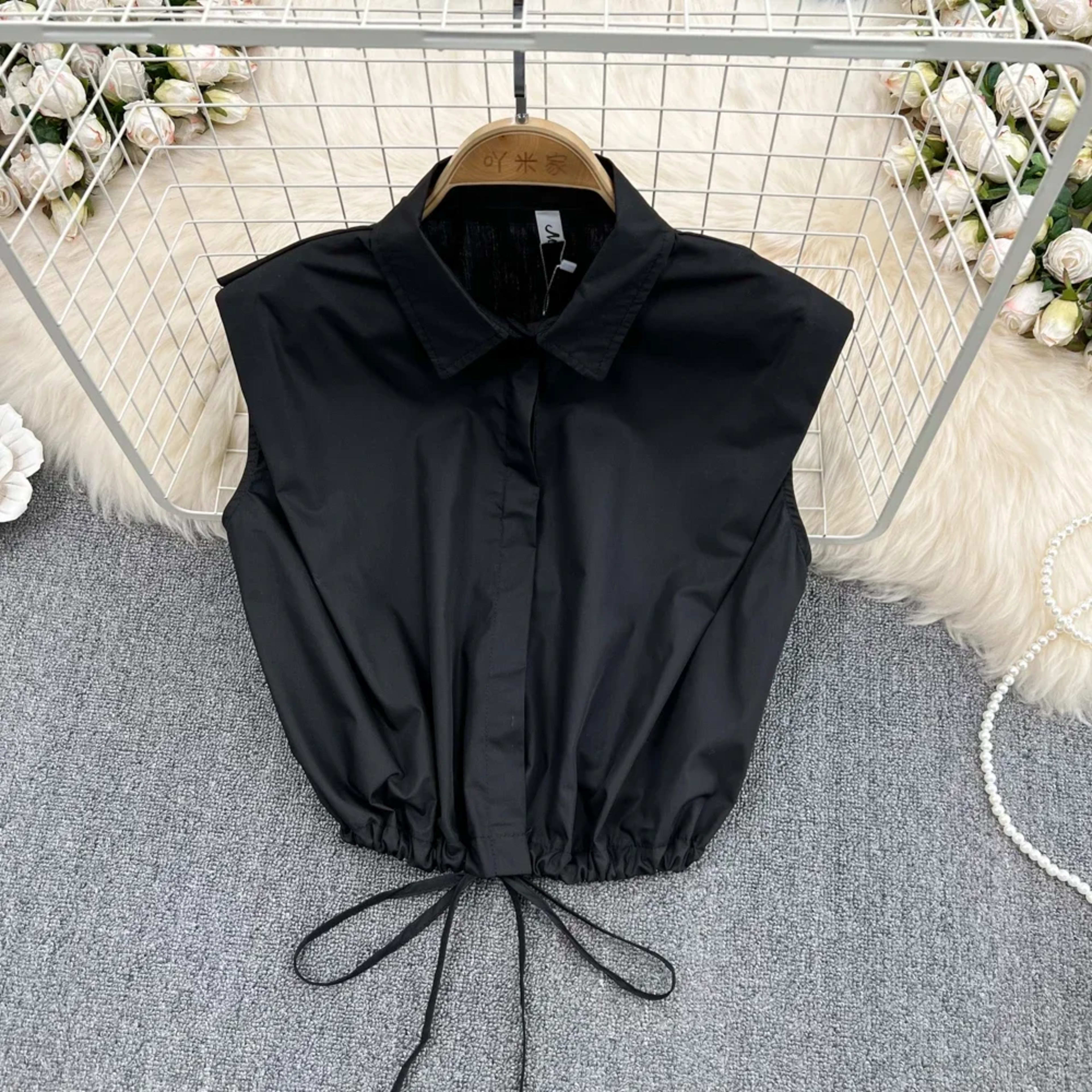 Women Blouse Tops Turn-down Collar Solid Color Sleeveless Draw String Blusas Femininas Vintage Summer Camisas Almighty D 4
