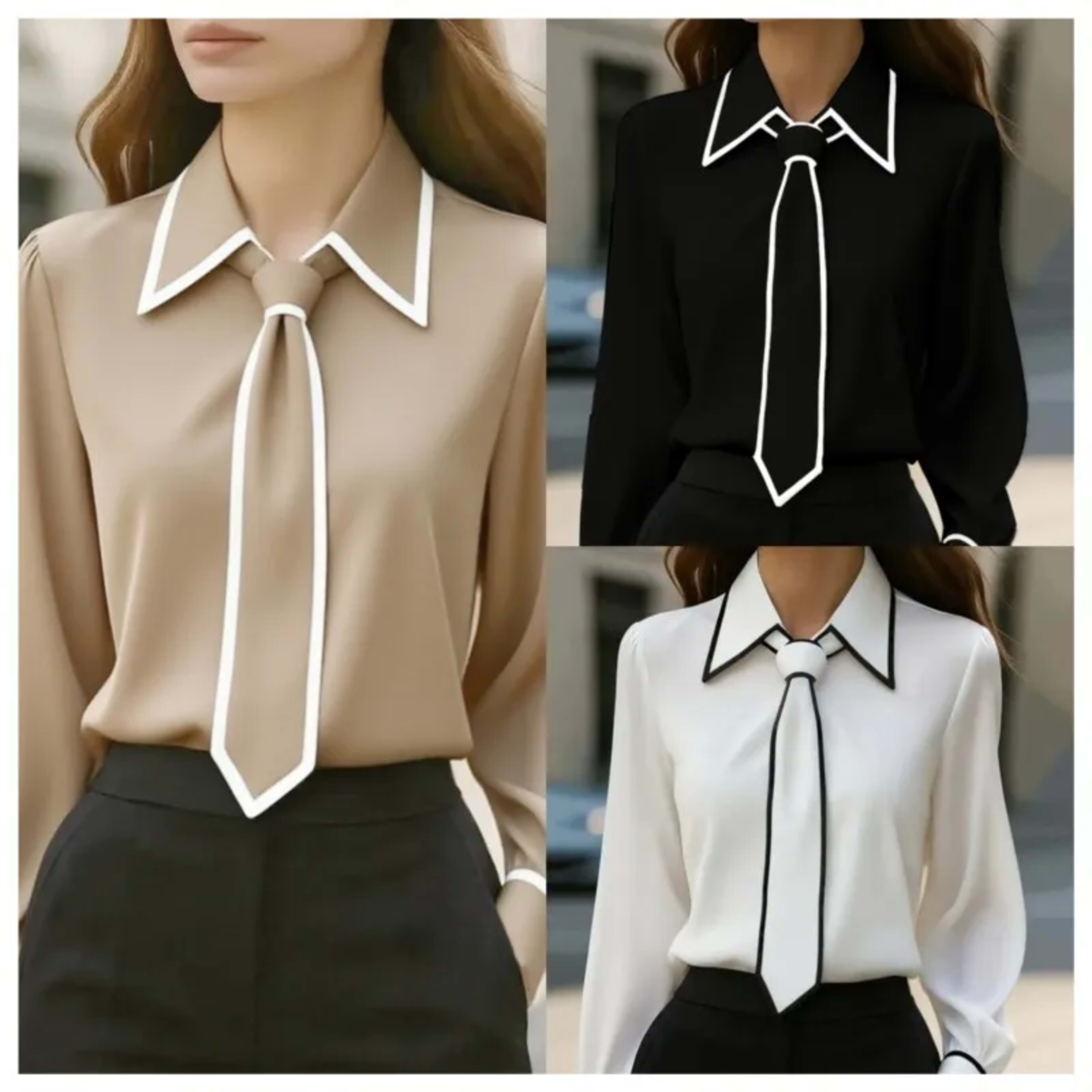 Women's Blouse Fashion Shirt Formal Bow Tie Long-sleeve Contrasting Trim Tops Slim-fit Workwear Elegant Office Lady Shir 3