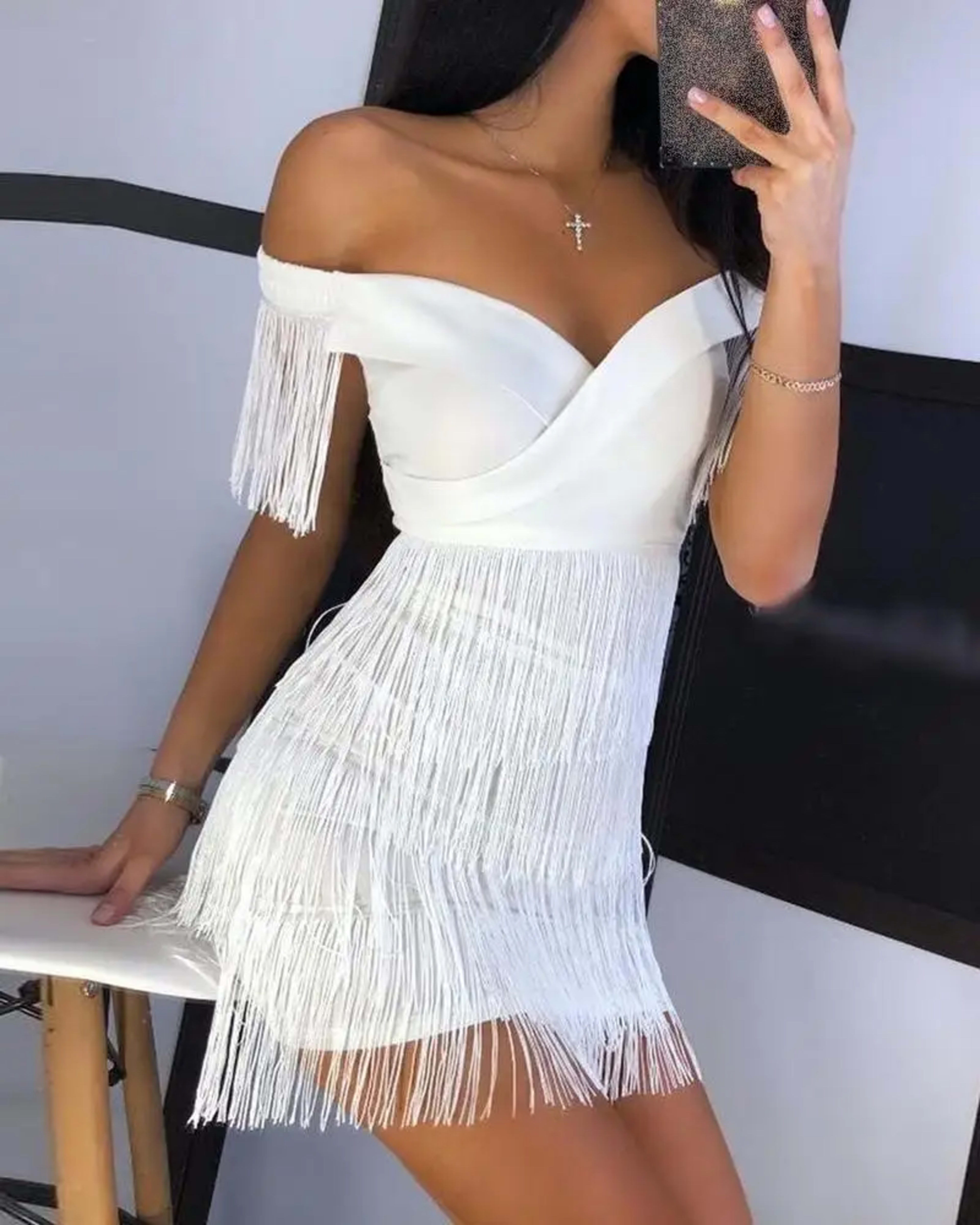 Women Evening Dresses Sexy Big V Neck One-shoulder Fringed Skirt Ladies Temperament Slim Dress Short Sleeve Club Dress V 7