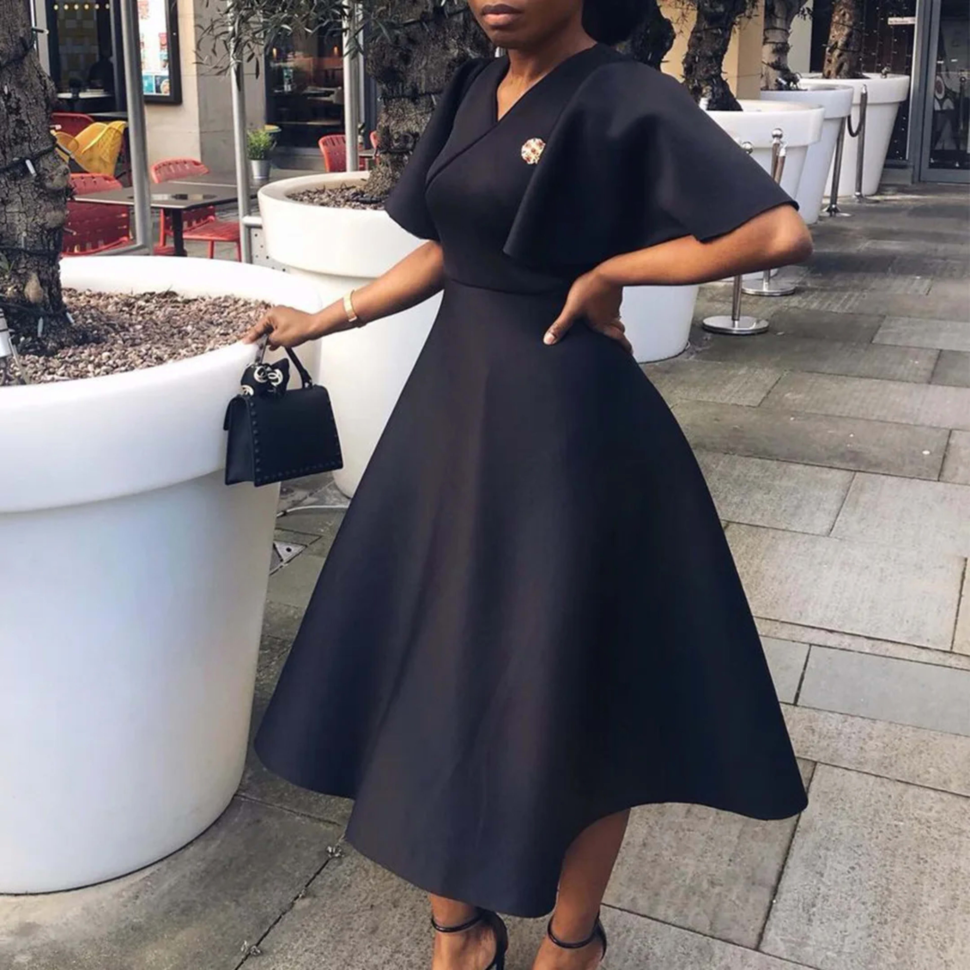 Elegant Dresses for Women V Neck Flare Sleeve High Waisted Pleated A Line Mid Calf Luxury Birthday Party Dinner Vestidos 6