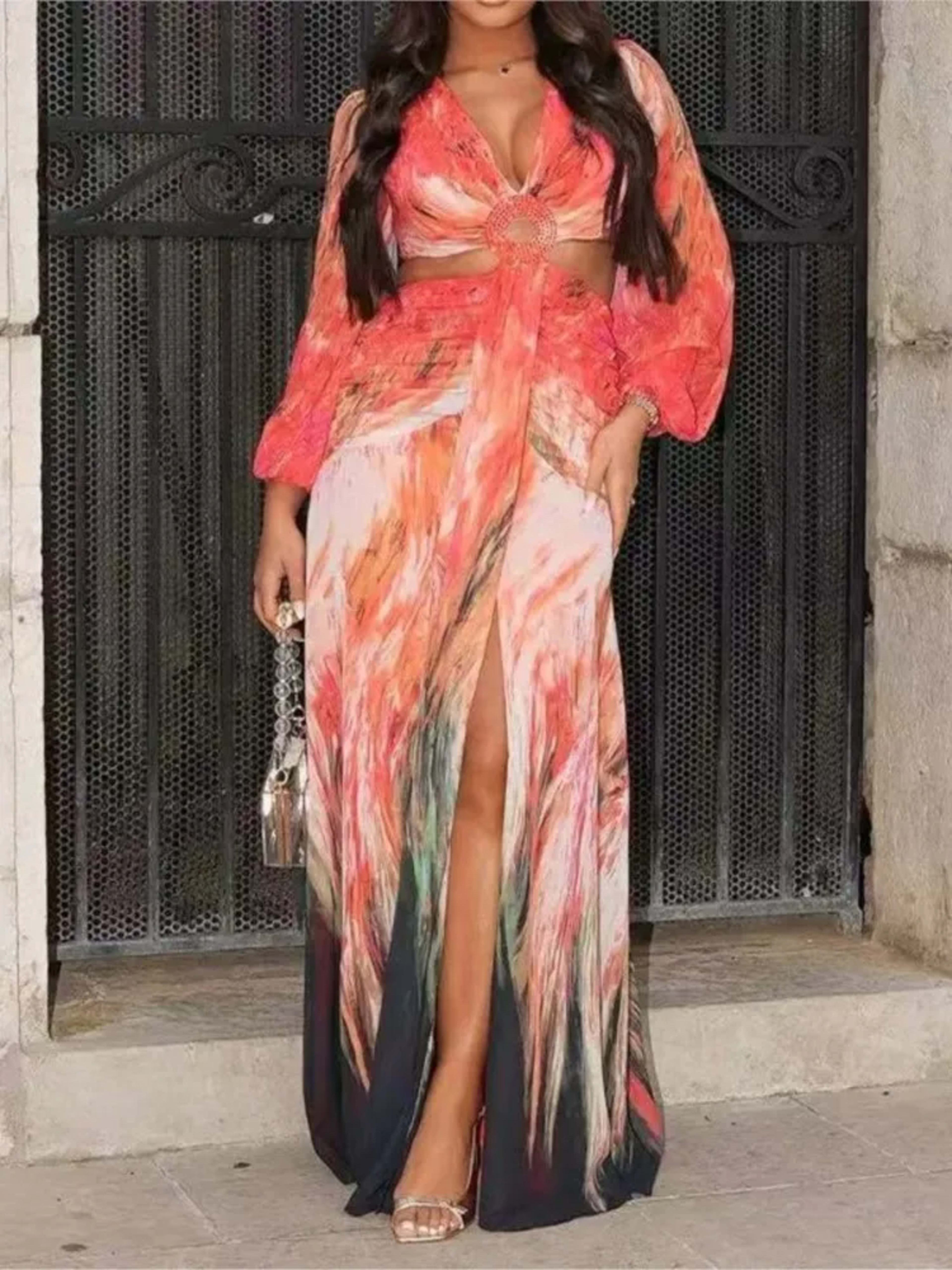 Women's Dress 2025 Fashion Summer New Vestidos Para Mujer Women's Vacation Elegant Style Long Sleeve Split Printed Slit  5