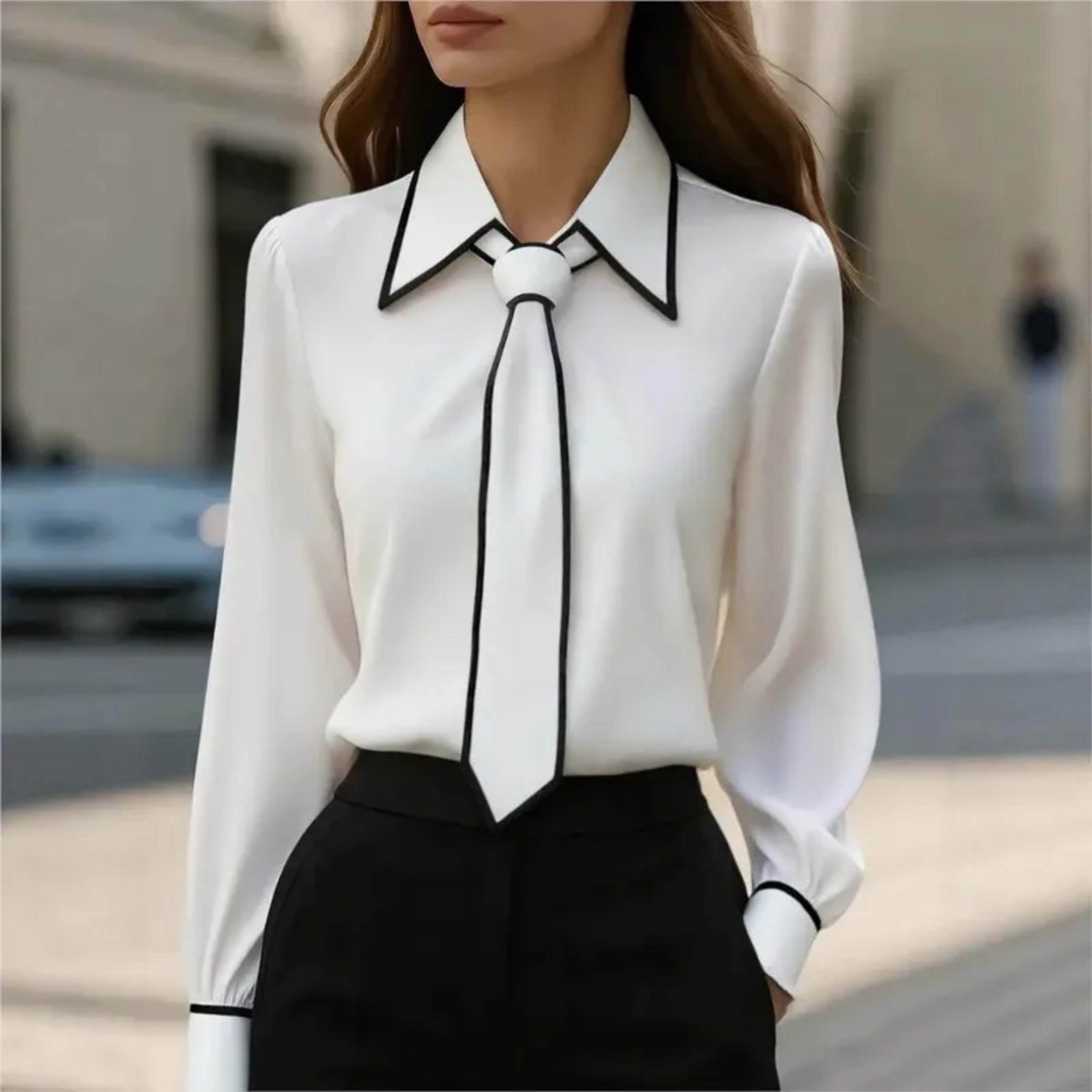 Women's Blouse Fashion Shirt Formal Bow Tie Long-sleeve Contrasting Trim Tops Slim-fit Workwear Elegant Office Lady Shir 1