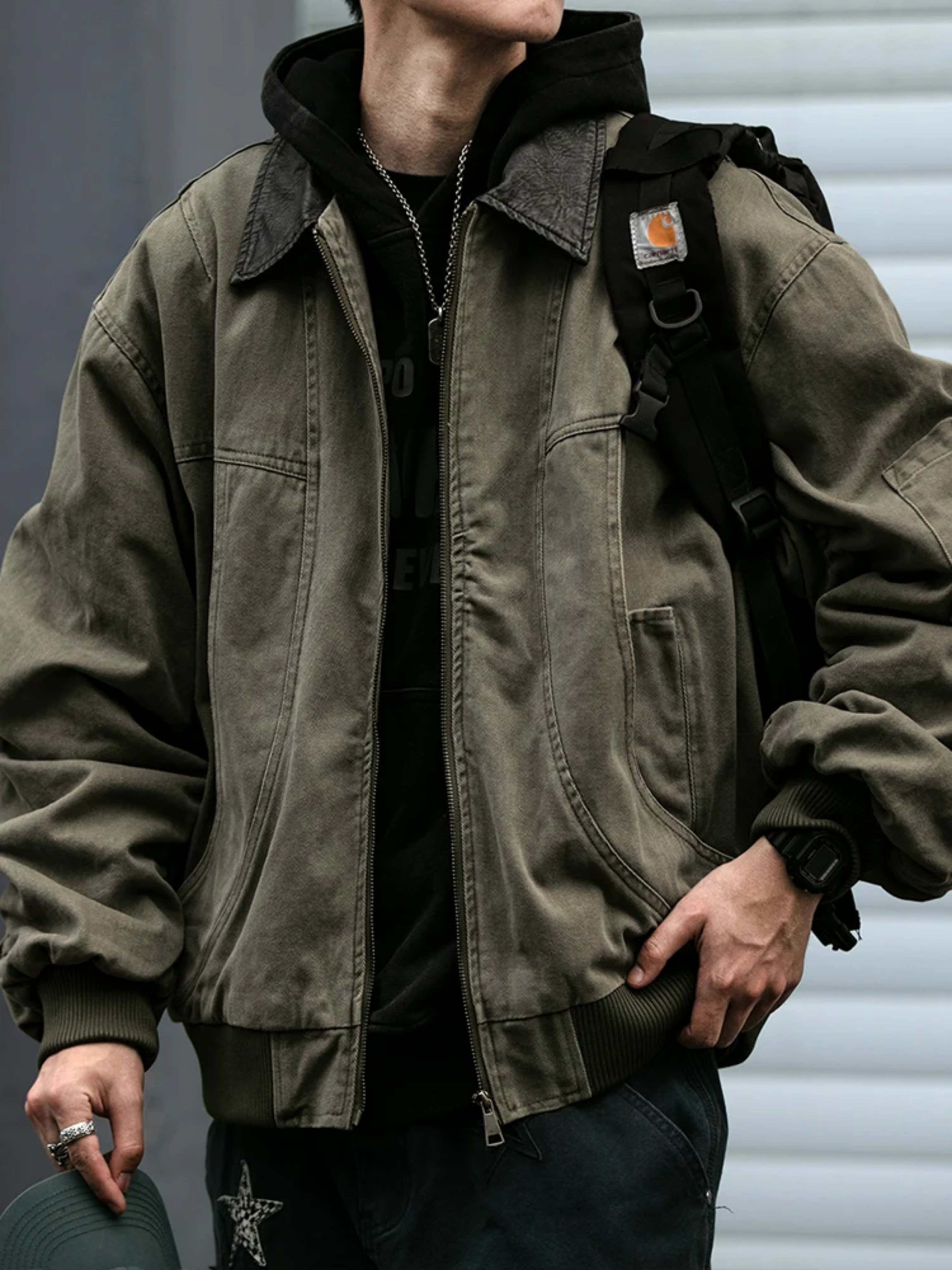 Mens Work Jacket Vintage American Japanese Streetwear Oversized Leather Collar High Quality Spring Autumn Casual Coat To 4