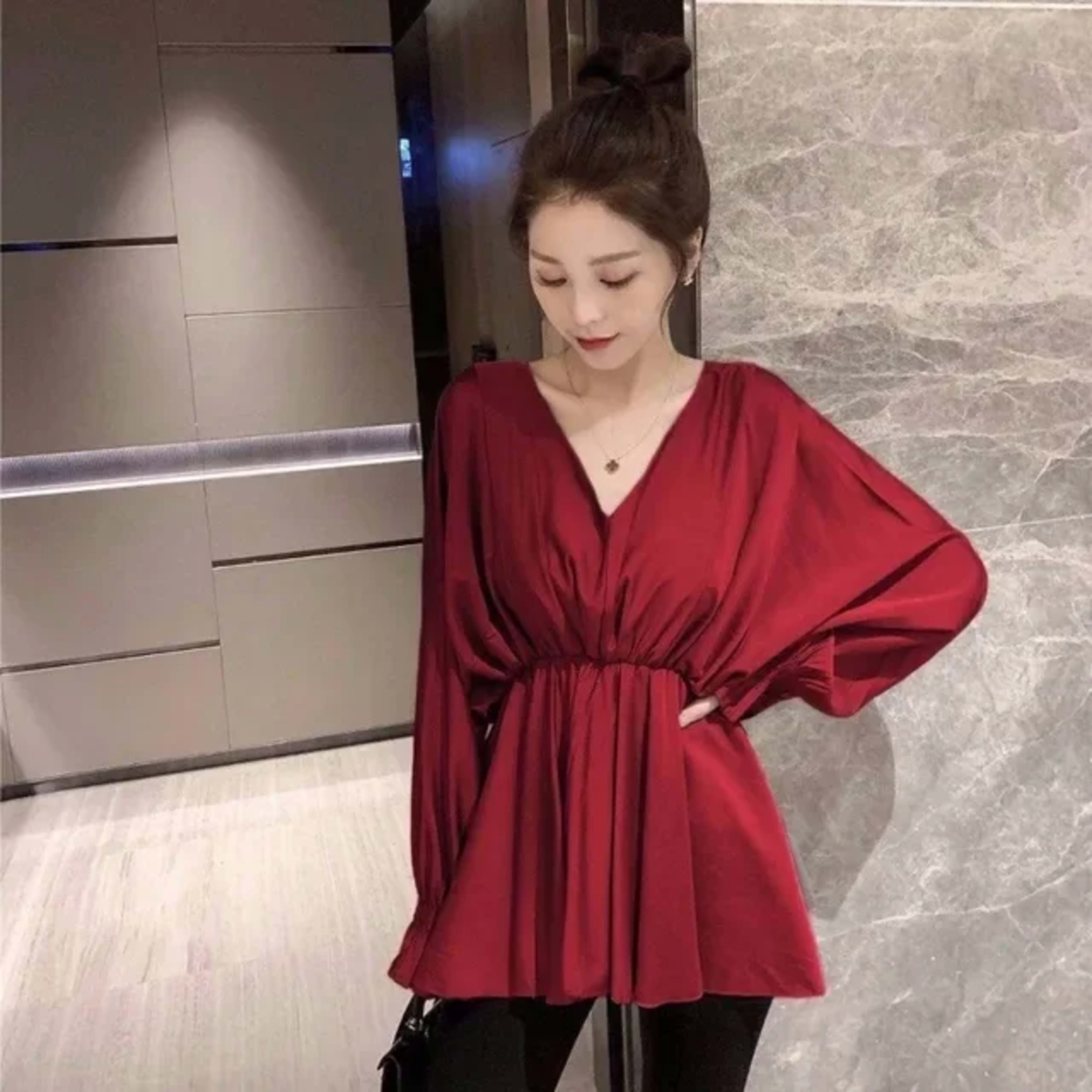 Blouse For Women Oversized Tops Long Sleeve V-neck Chiffon Slim Waist Shirts 2025 Blusas Mujer De Moda Folds Chic Summer 5