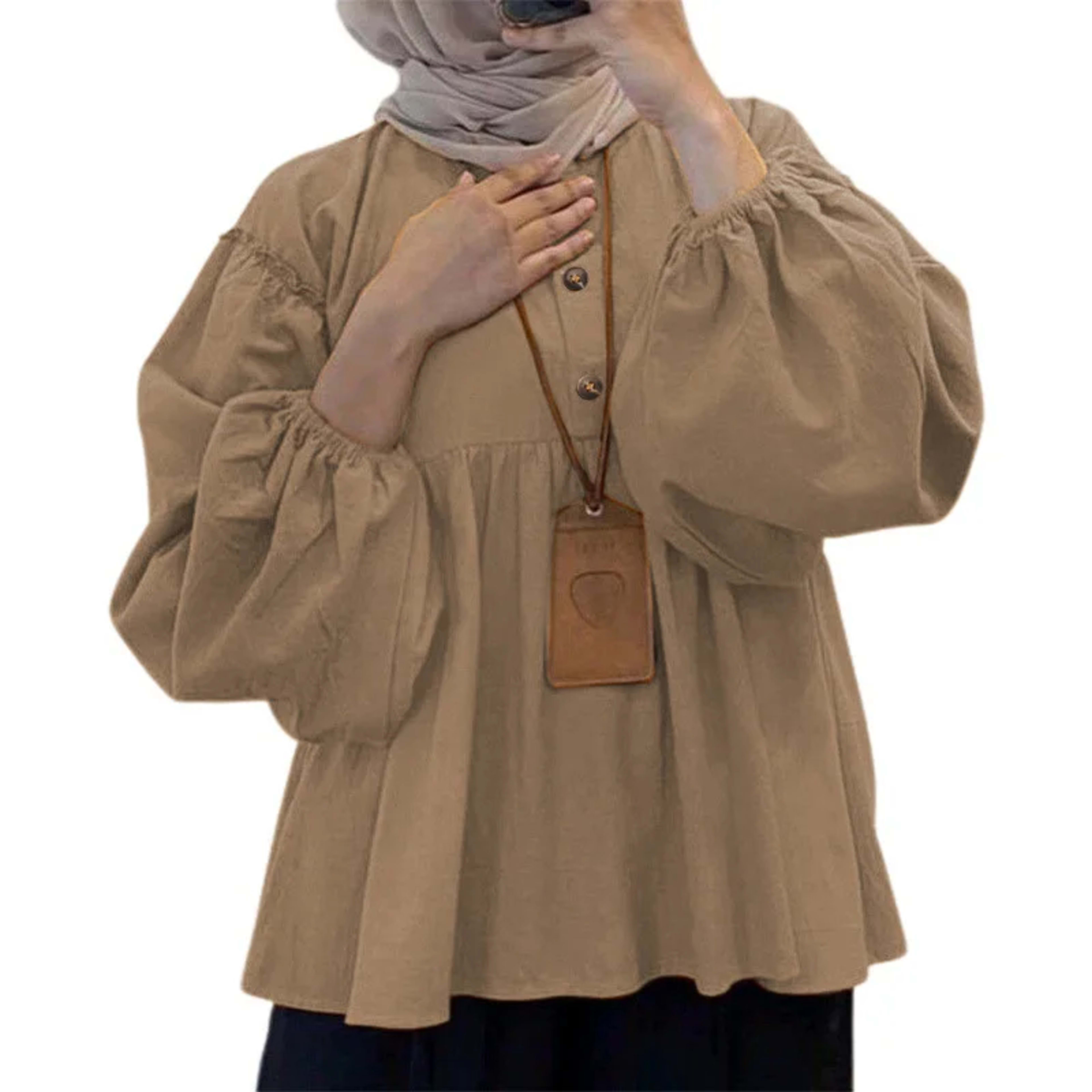 Muslim Blouse Women Autumn Top Folds Shirt Single Breasted Eid Morocco Dubai Morocco Female Blouses Modest Casual Tops R 6