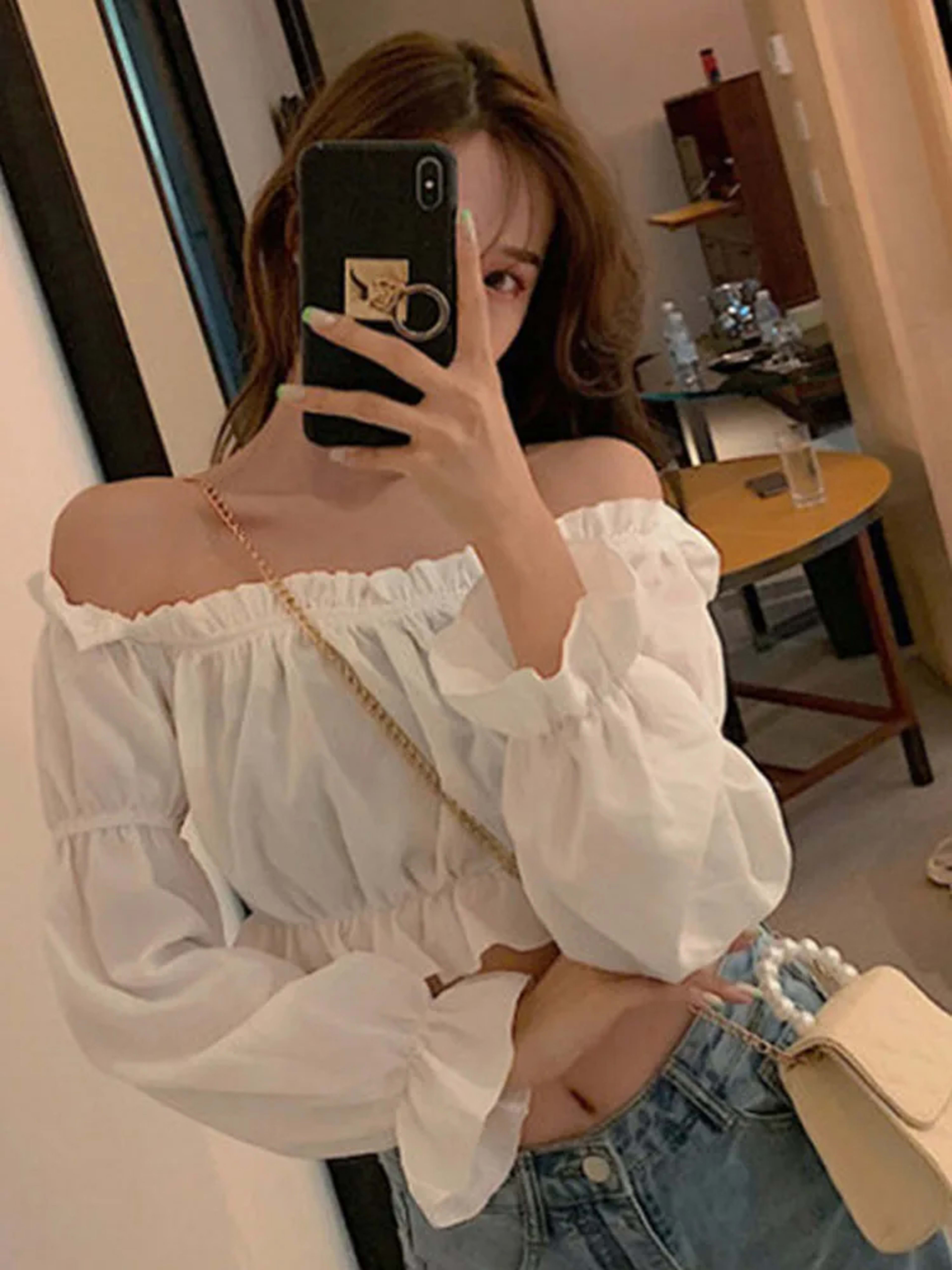 Women Top Sexy Blouse Off Shoulder Top Long Sleeve Solid Color White Shirt Puff Sleeve Ruffle Tunic Crop Top Summer Tube 6