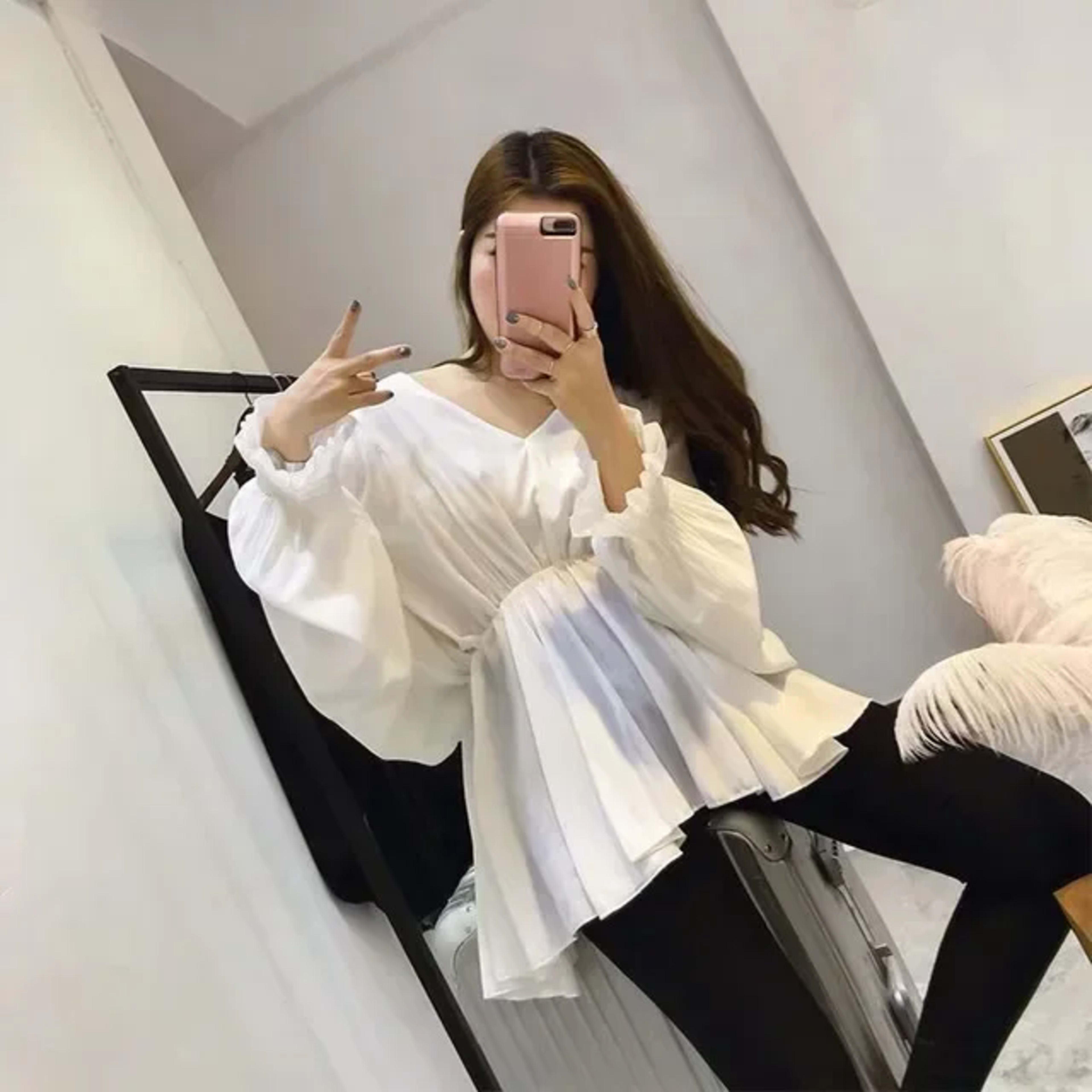 Blouse For Women Oversized Tops Long Sleeve V-neck Chiffon Slim Waist Shirts 2025 Blusas Mujer De Moda Folds Chic Summer 4