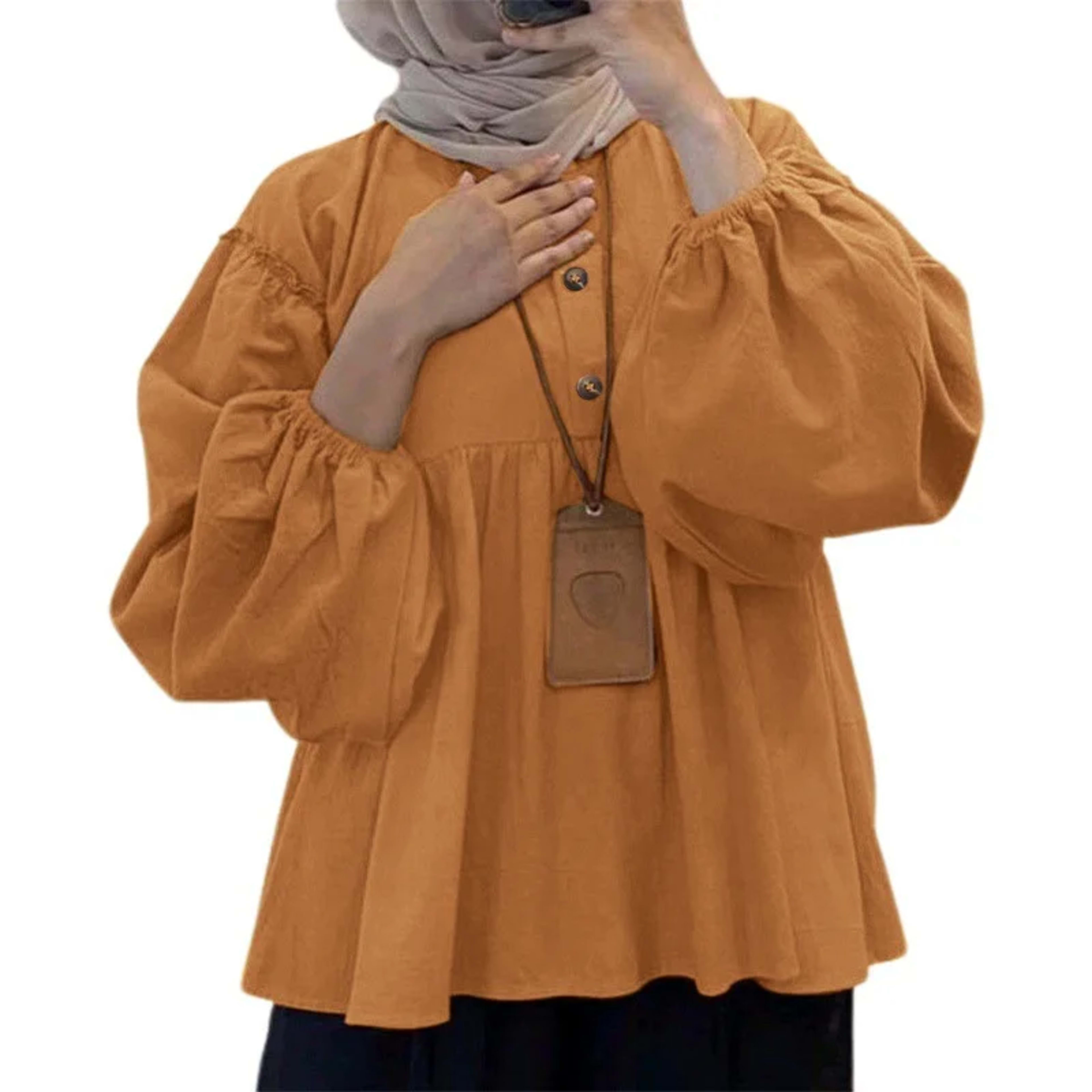 Muslim Blouse Women Autumn Top Folds Shirt Single Breasted Eid Morocco Dubai Morocco Female Blouses Modest Casual Tops R 7