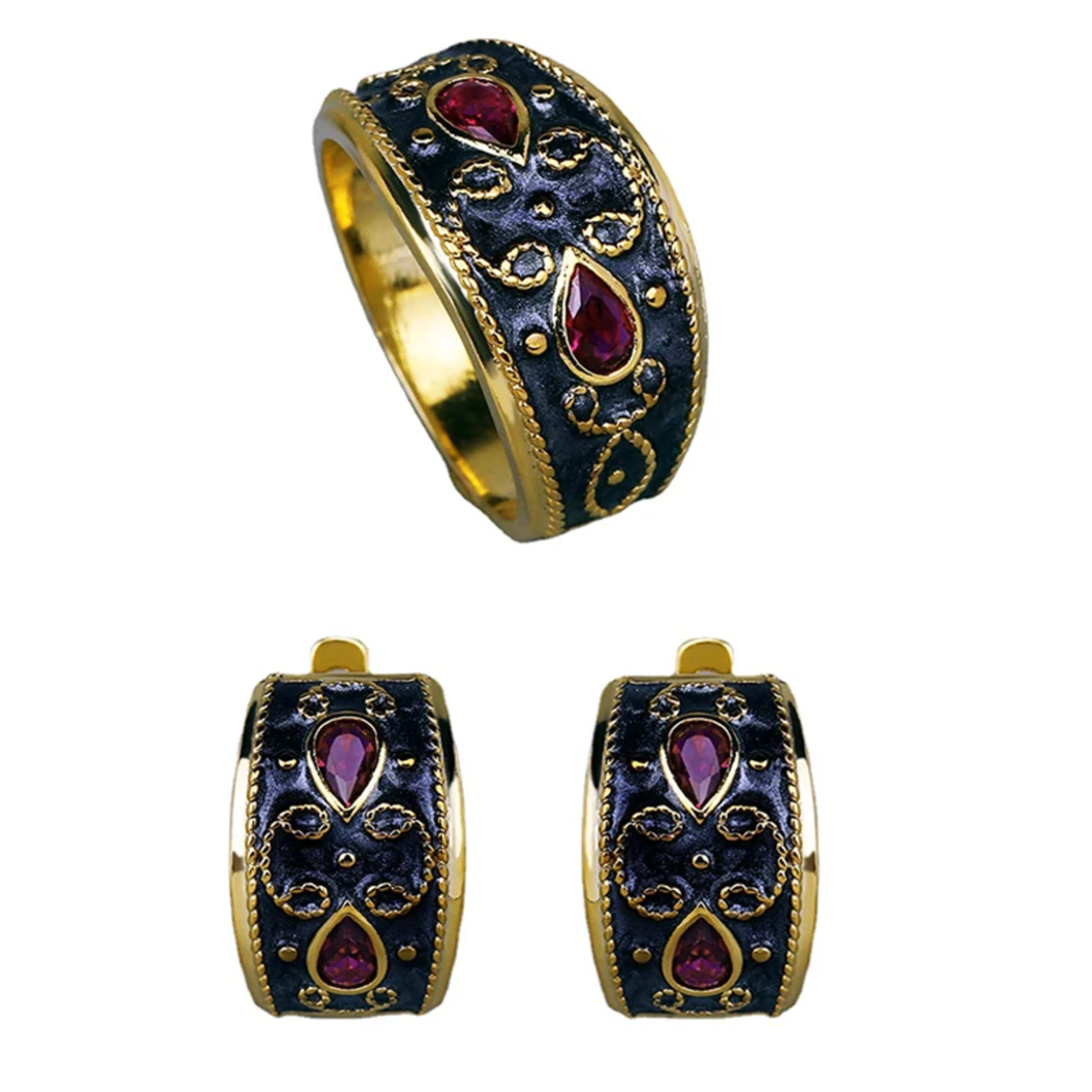 Fashion Jewelry Set for Women Pear Lab Created Ruby Gold Plated Earrings Ring Luxury Wedding Fine Jewelry Earring Set