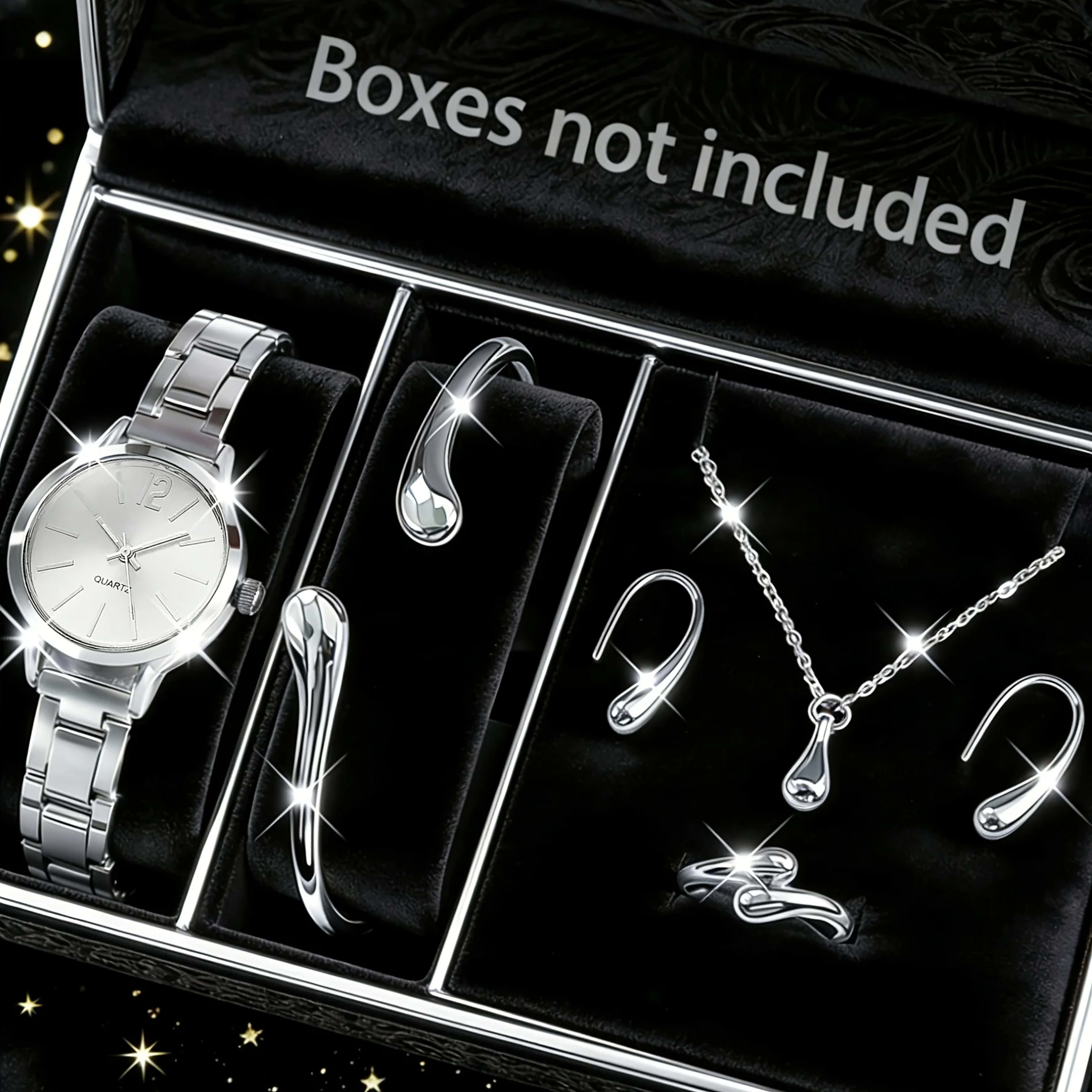 Women's Elegant Jewelry Set: Gold Quartz Watch + Bangle + Ring + Drop Pendant Necklace + Earrings, 6Pcs Set 2
